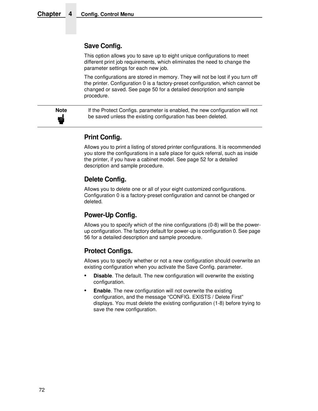 HP LQH-HW 3ULQWHUV manual Save Config, Print Config, Delete Config, Power-Up Config, Protect Configs 