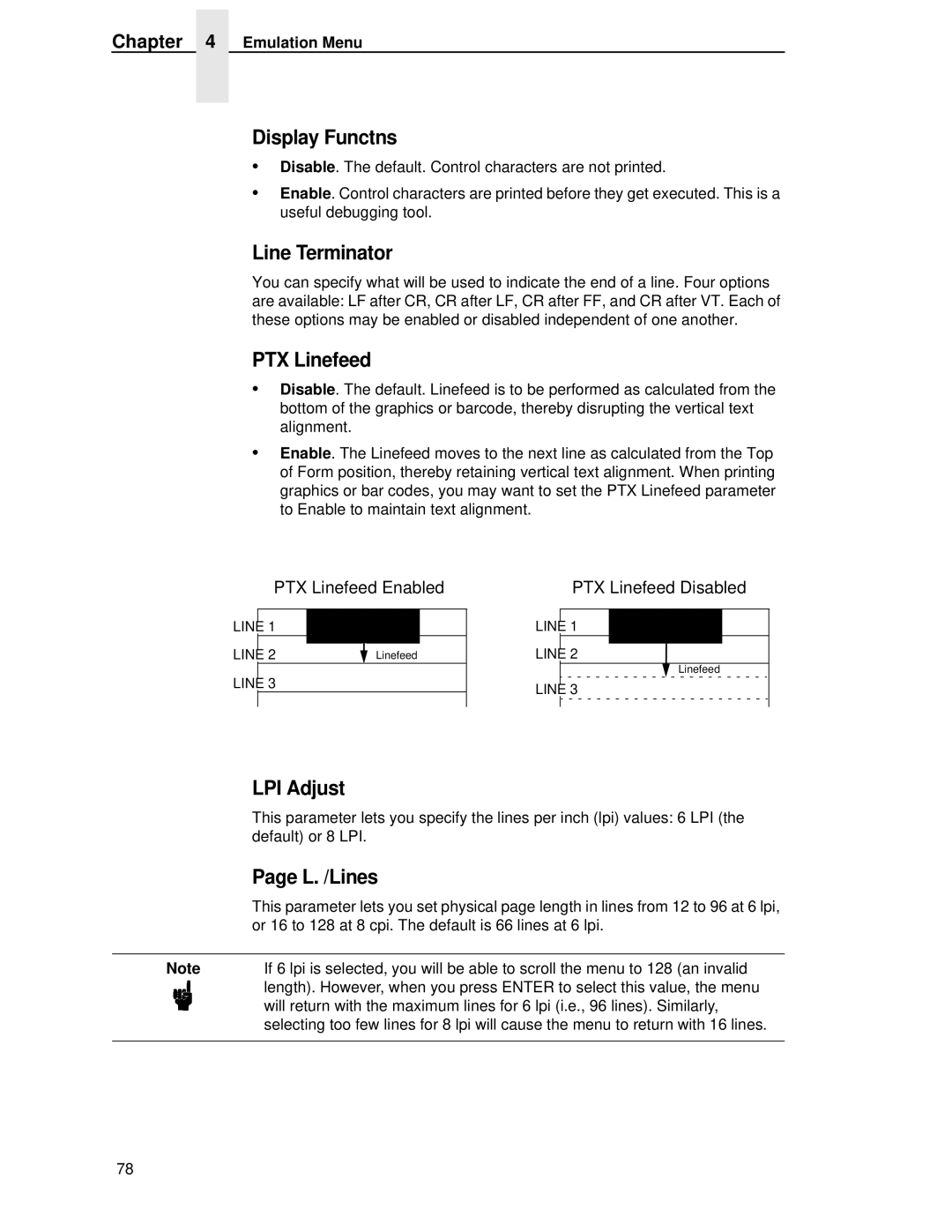 HP LQH-HW 3ULQWHUV manual Display Functns, Line Terminator, PTX Linefeed, LPI Adjust, L. /Lines 