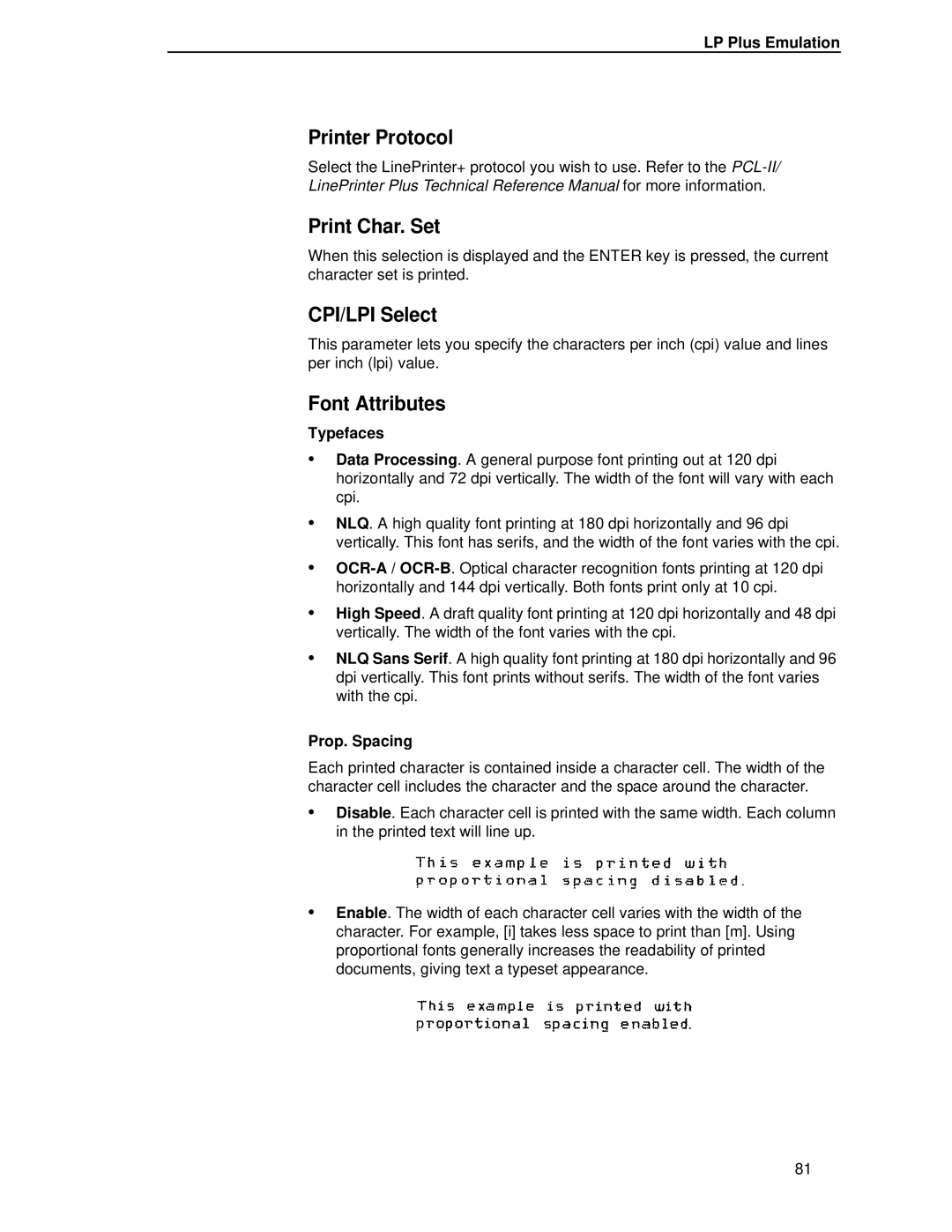 HP LQH-HW 3ULQWHUV manual Printer Protocol, Print Char. Set, CPI/LPI Select, Font Attributes 