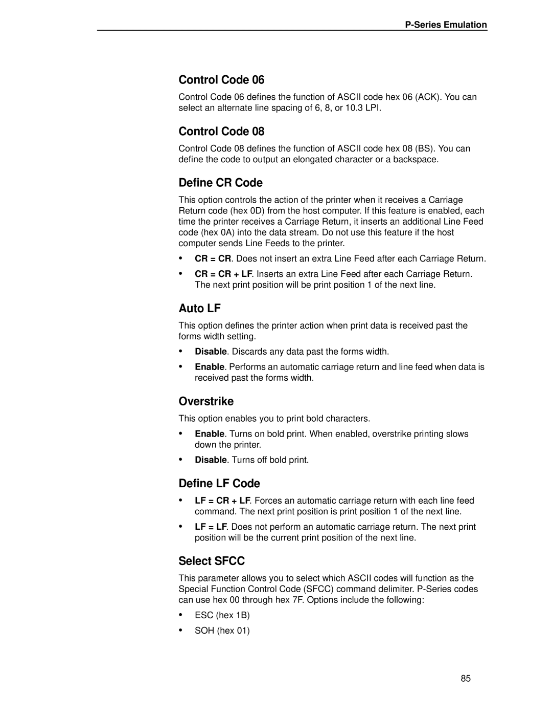 HP LQH-HW 3ULQWHUV manual Control Code, Define CR Code, Auto LF, Overstrike, Define LF Code, Select Sfcc 