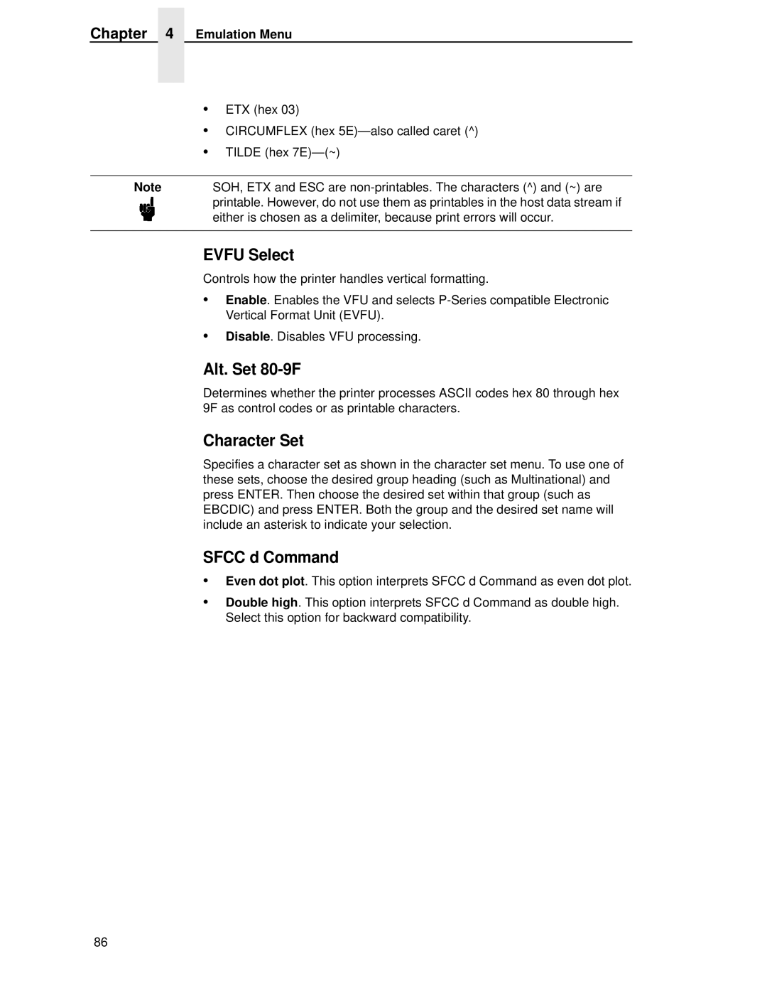 HP LQH-HW 3ULQWHUV manual Evfu Select, Alt. Set 80-9F, Character Set, Sfcc d Command 