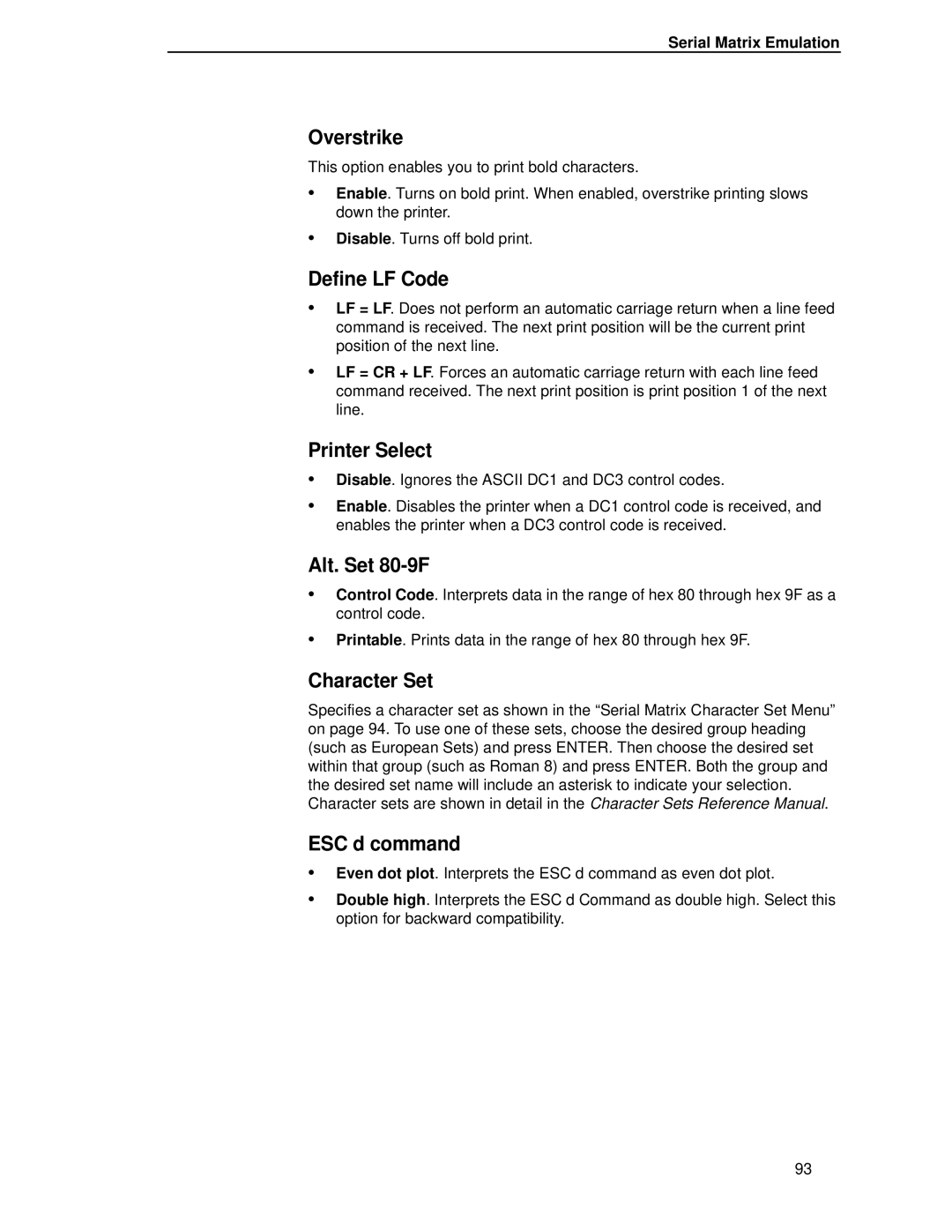 HP LQH-HW 3ULQWHUV manual ESC d command, Serial Matrix Emulation 