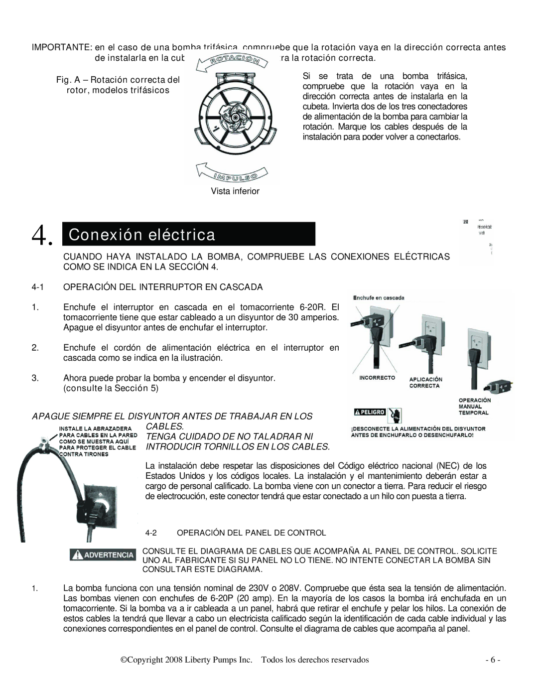 HP LSGX203M, LSGX204M, LSGX202A, LSG204M, LSG202M Conexión eléctrica, Fig. a Rotación correcta del Rotor, modelos trifásicos 