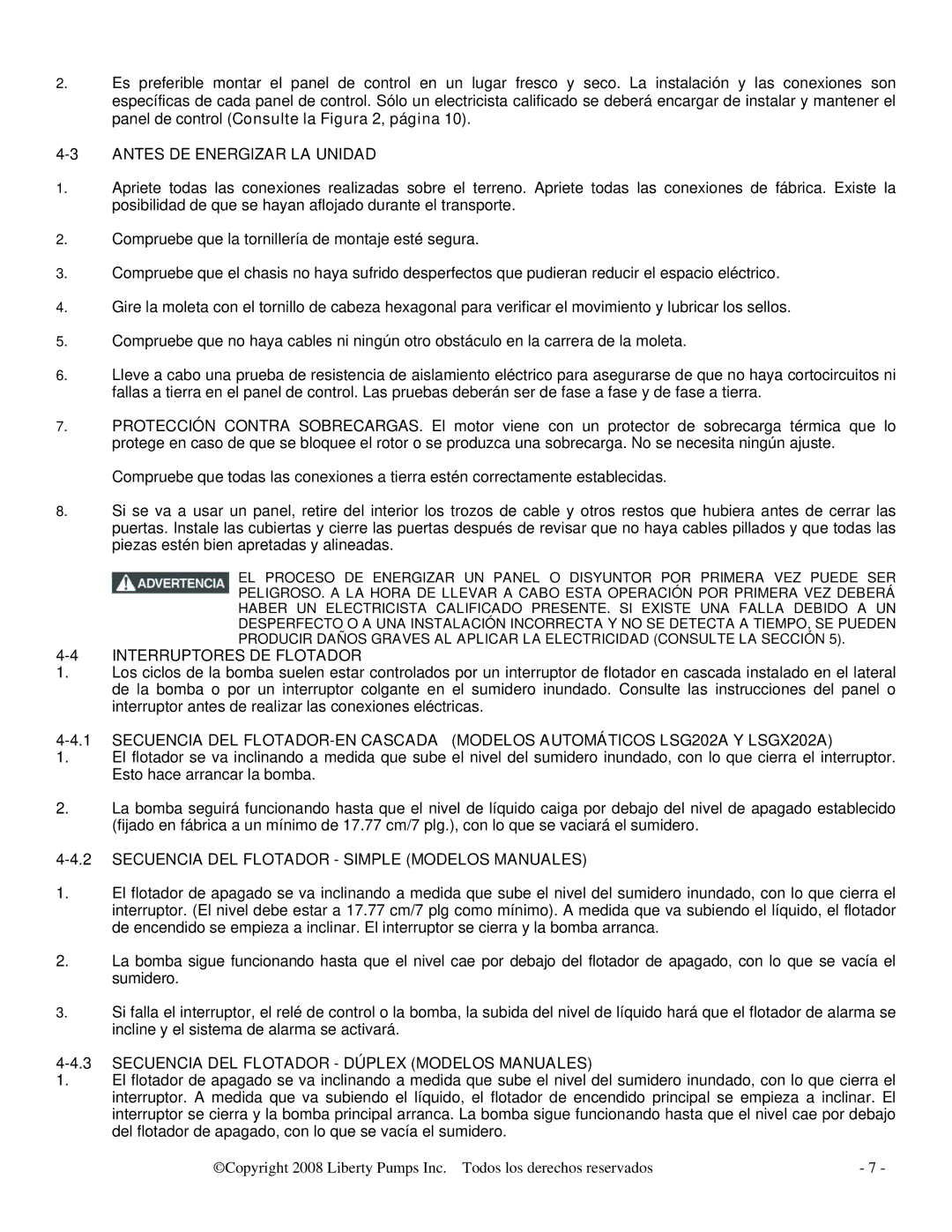 HP LSGX202A manual Antes DE Energizar LA Unidad, Interruptores DE Flotador, Secuencia DEL Flotador Simple Modelos Manuales 