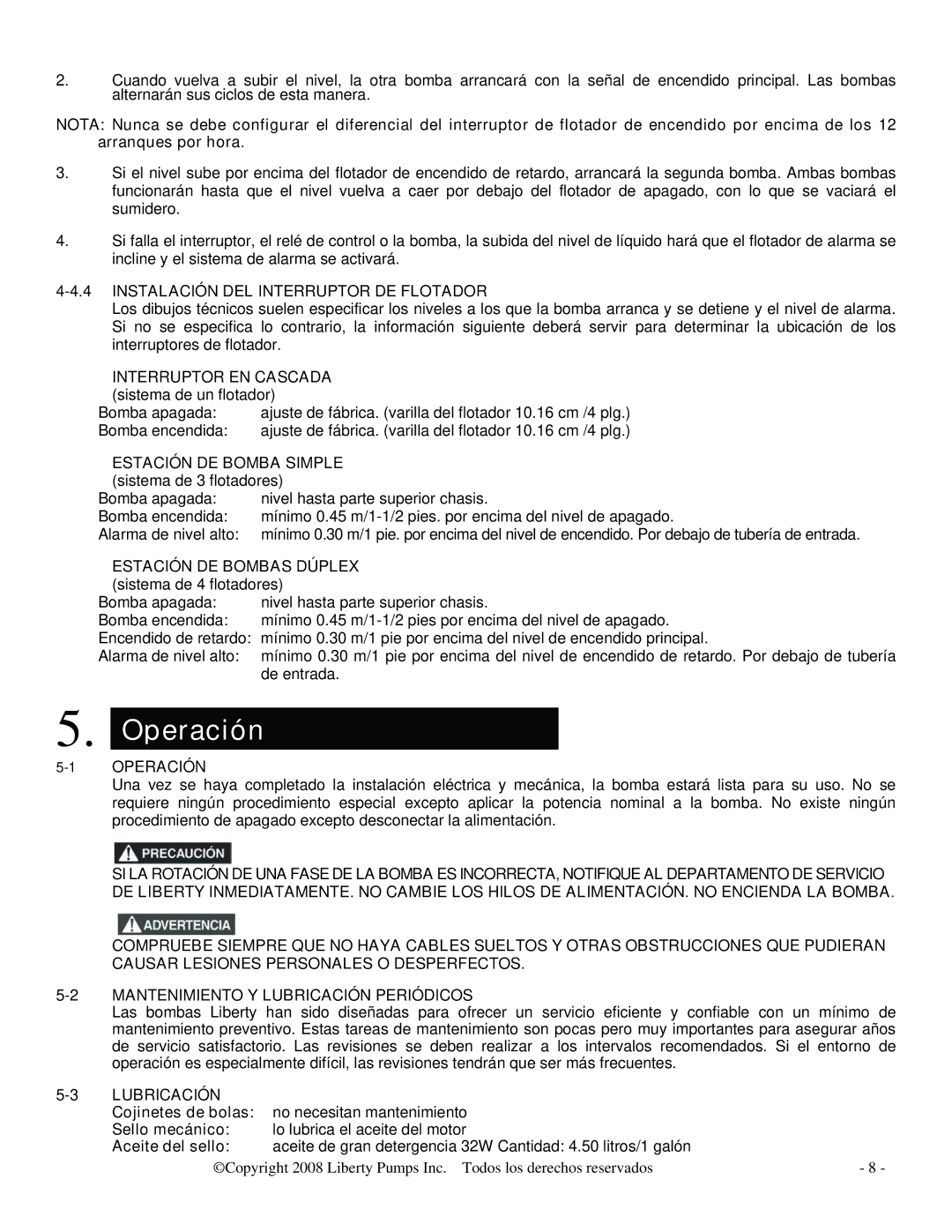 HP LSG204M, LSGX204M, LSGX203M, LSGX202A, LSG202M, LSG202A Operación, Instalación DEL Interruptor DE Flotador, Lubricación 