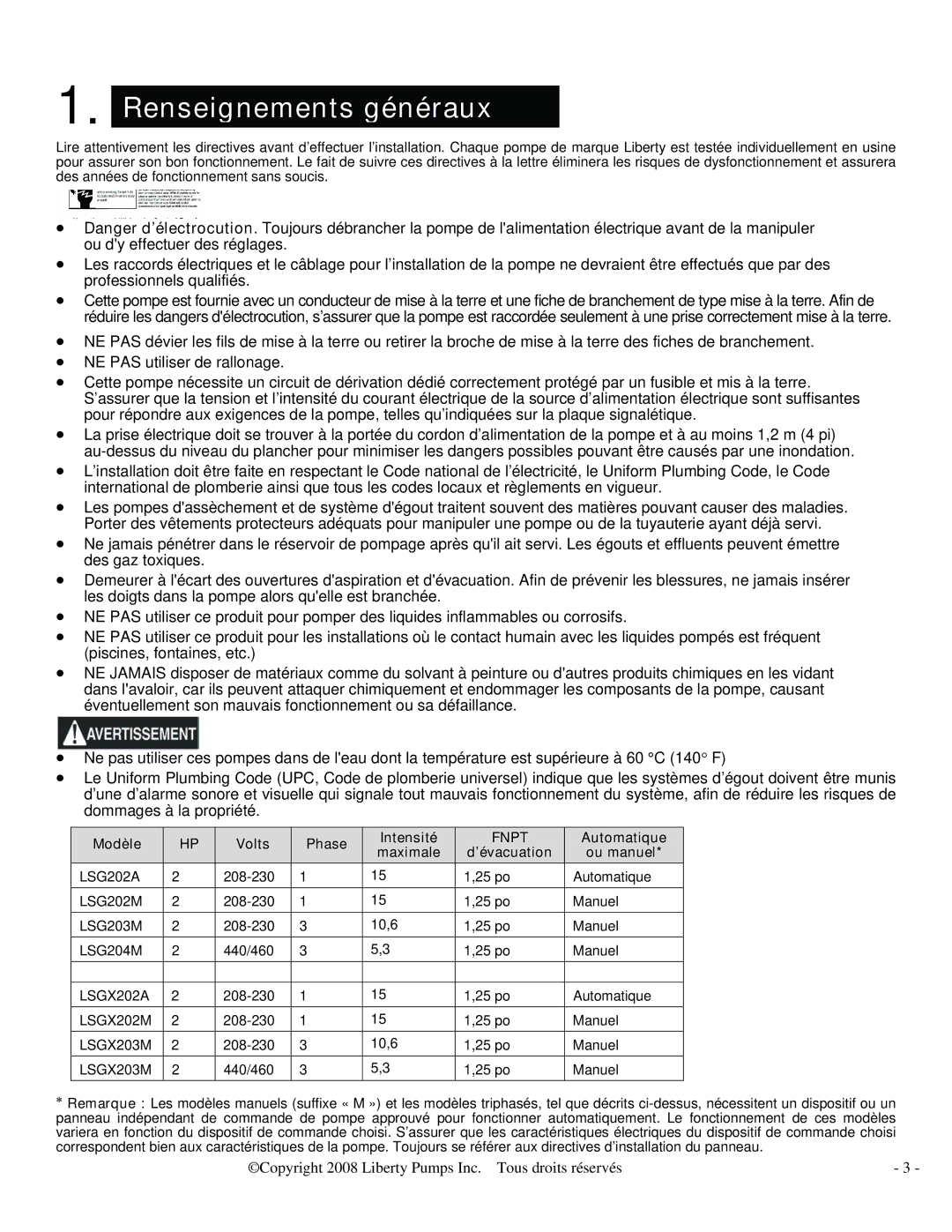 HP LSG202A, LSGX204M, LSGX203M, LSGX202A, LSG204M, LSG202M manual Renseignements généraux, Maximale ’évacuation 