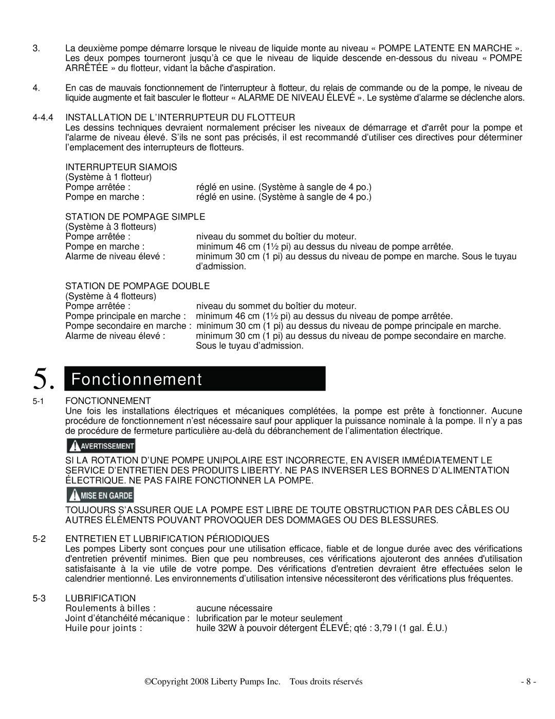 HP LSG202M, LSGX204M, LSGX203M, LSGX202A, LSG204M Fonctionnement, Installation DE L’INTERRUPTEUR DU Flotteur, Lubrification 