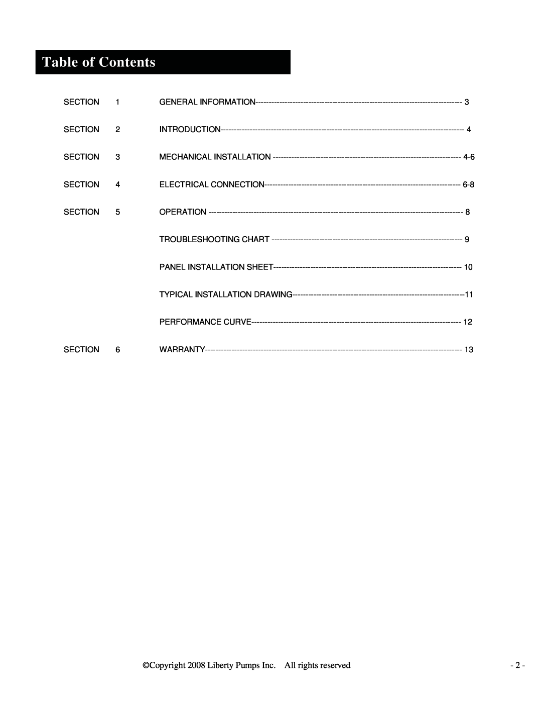 HP LSGX202A, LSGX204M, LSGX203M manual Table of Contents, Copyright 2008 Liberty Pumps Inc. All rights reserved, Introduction 