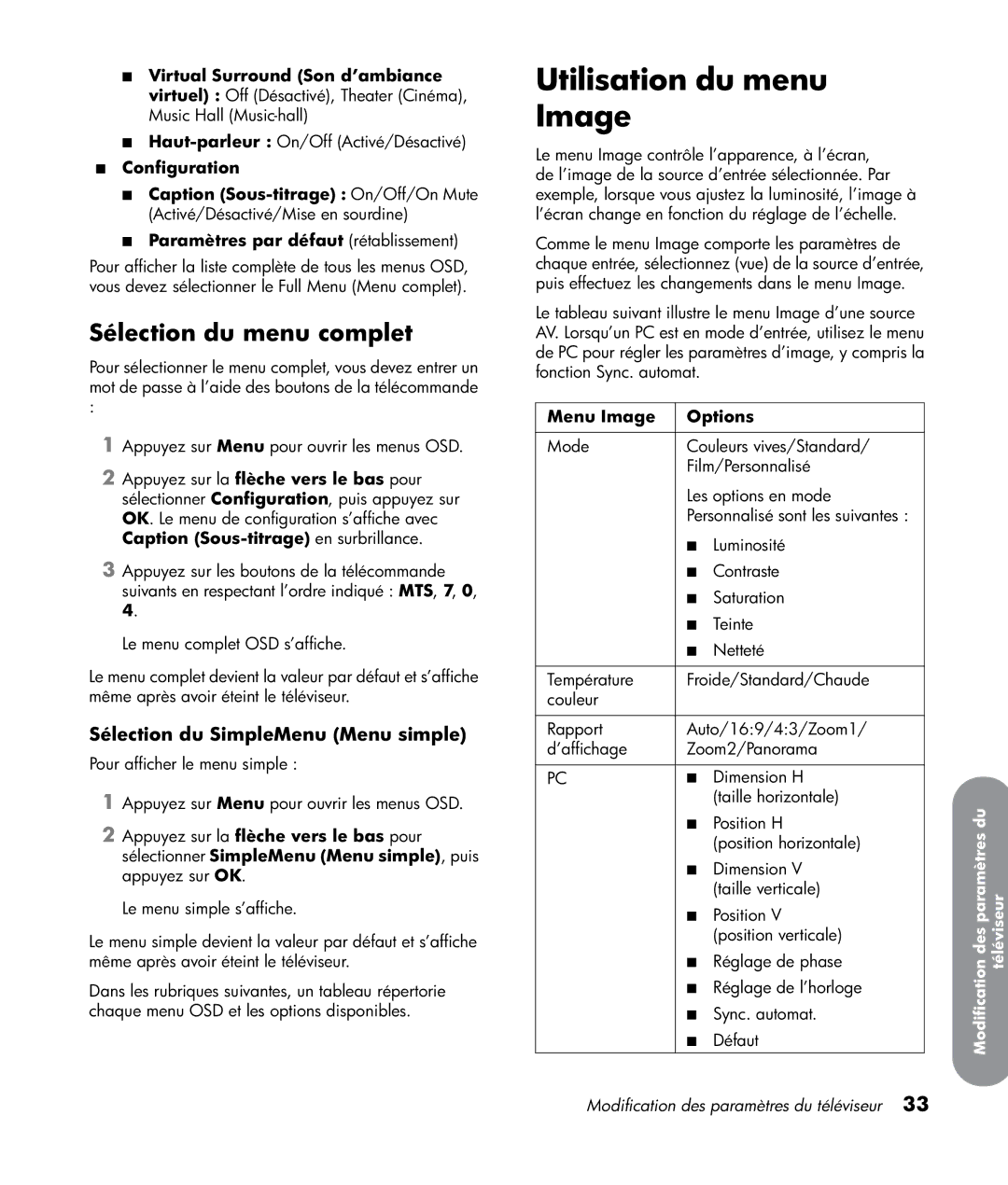 HP LT3200 32 inch Professional Utilisation du menu Image, Sélection du menu complet, Sélection du SimpleMenu Menu simple 