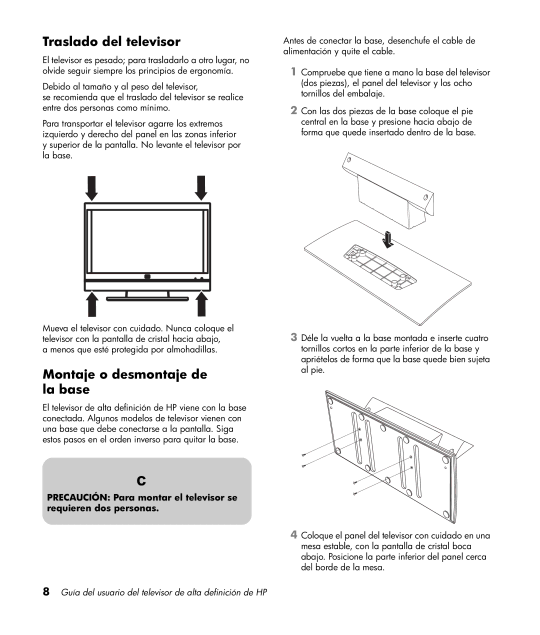 HP LT3200 32 inch Professional manual Traslado del televisor, Montaje o desmontaje de la base 