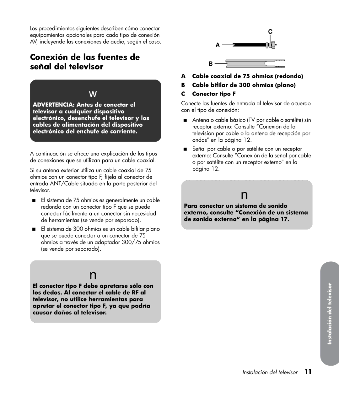 HP LT3200 32 inch Professional manual Conexión de las fuentes de señal del televisor 