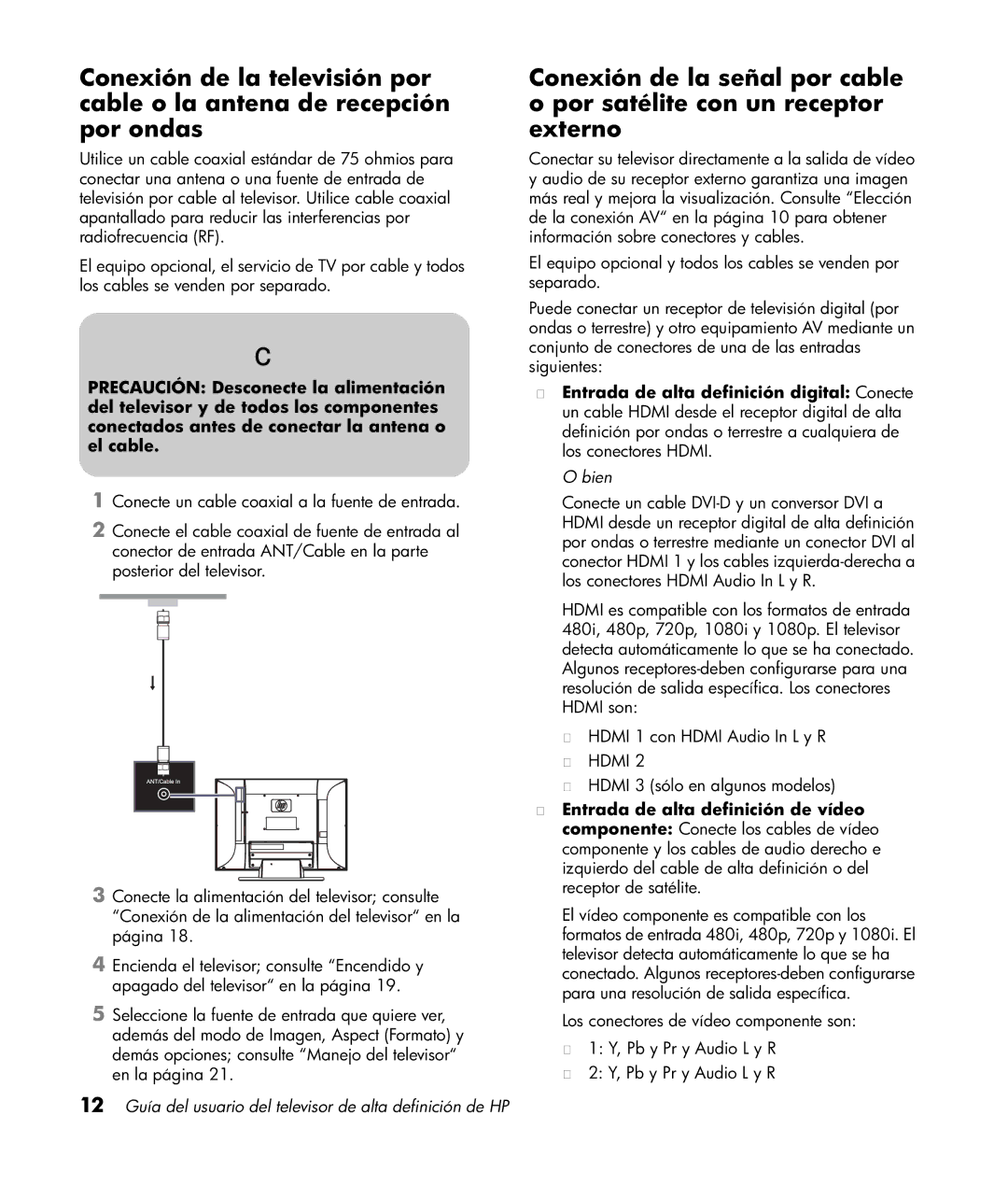 HP LT3200 32 inch Professional manual Bien, 12 Guía del usuario del televisor de alta definición de HP 