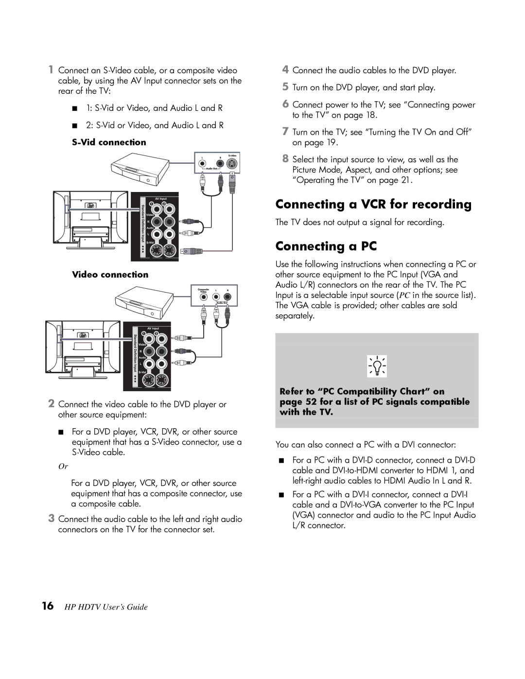 HP LT3200 32 inch Professional manual Connecting a VCR for recording, Connecting a PC, Vid connection Video connection 