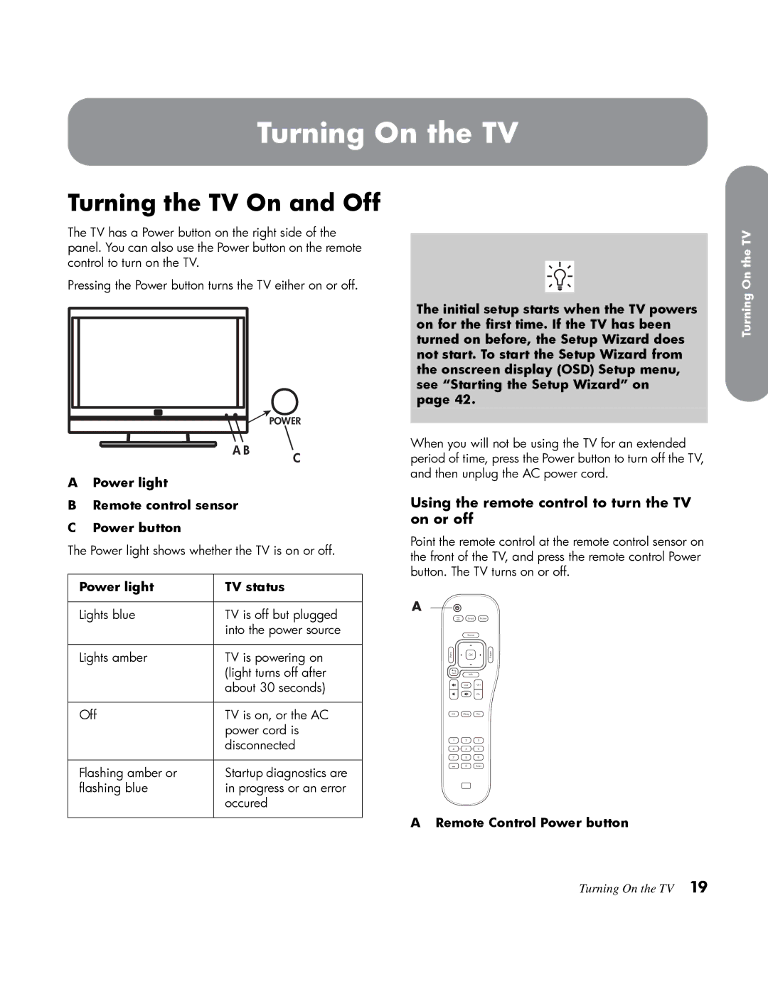 HP LT3200 32 inch Professional manual Turning On the TV, Turning the TV On and Off 