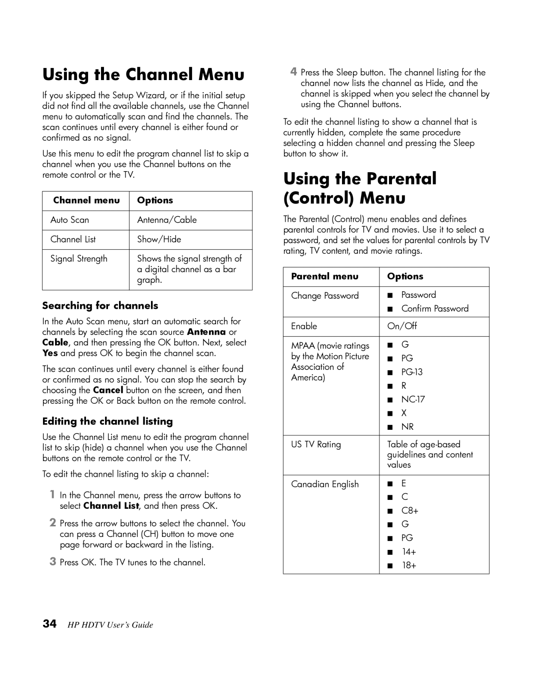 HP LT3200 32 inch Professional manual Using the Channel Menu, Using the Parental Control Menu, Searching for channels 