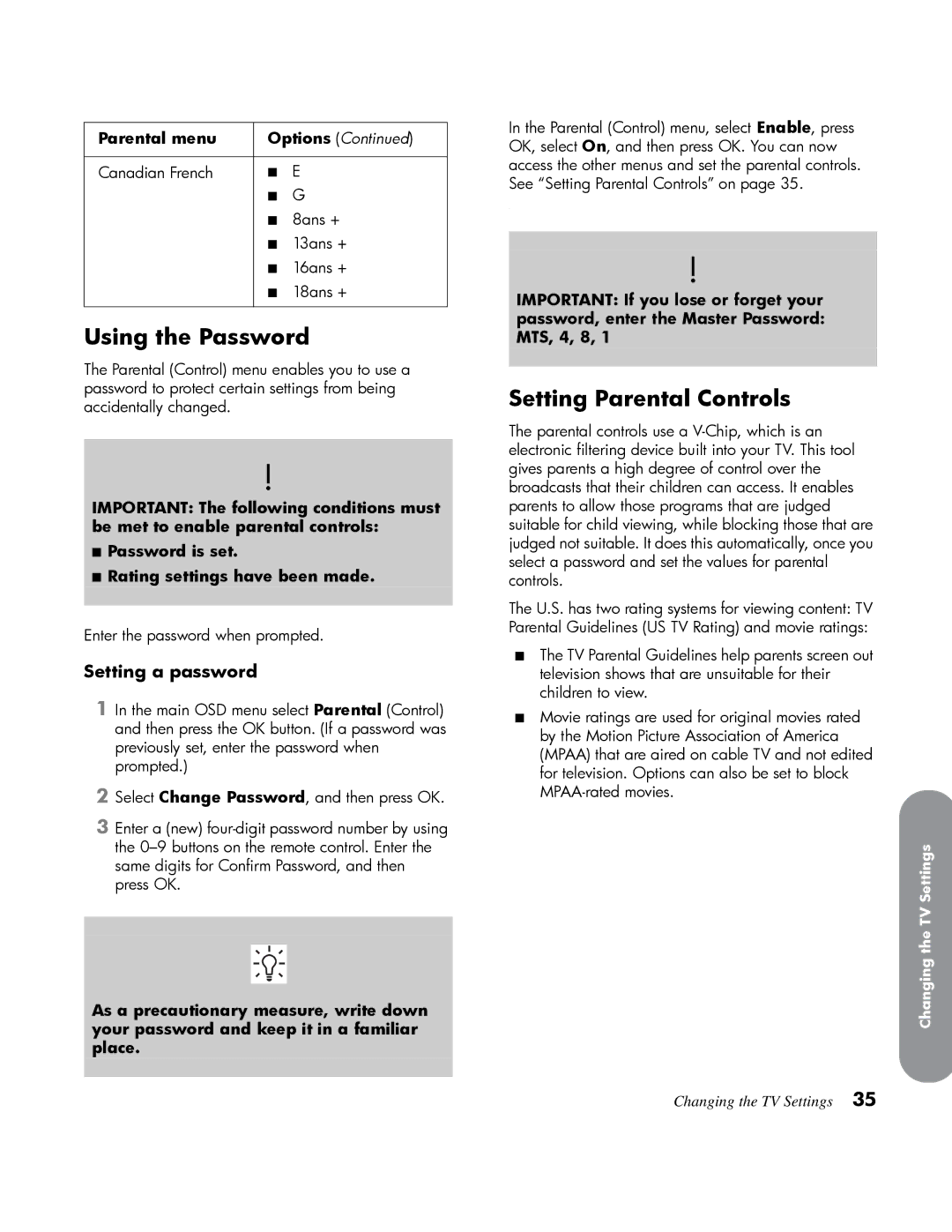 HP LT3200 32 inch Professional Using the Password, Setting Parental Controls, Setting a password, Parental menu, Options 