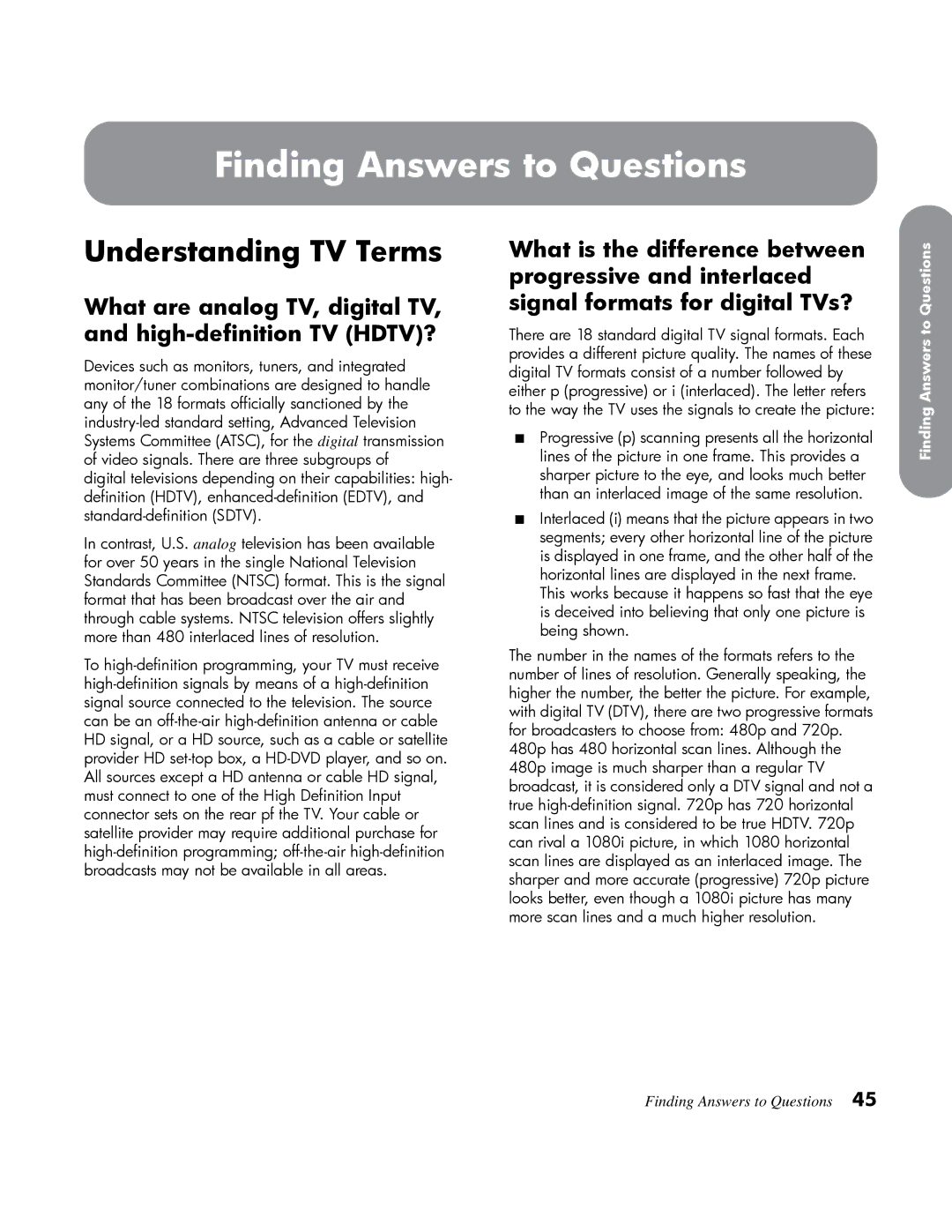 HP LT3200 32 inch Professional manual Finding Answers to Questions, Understanding TV Terms 