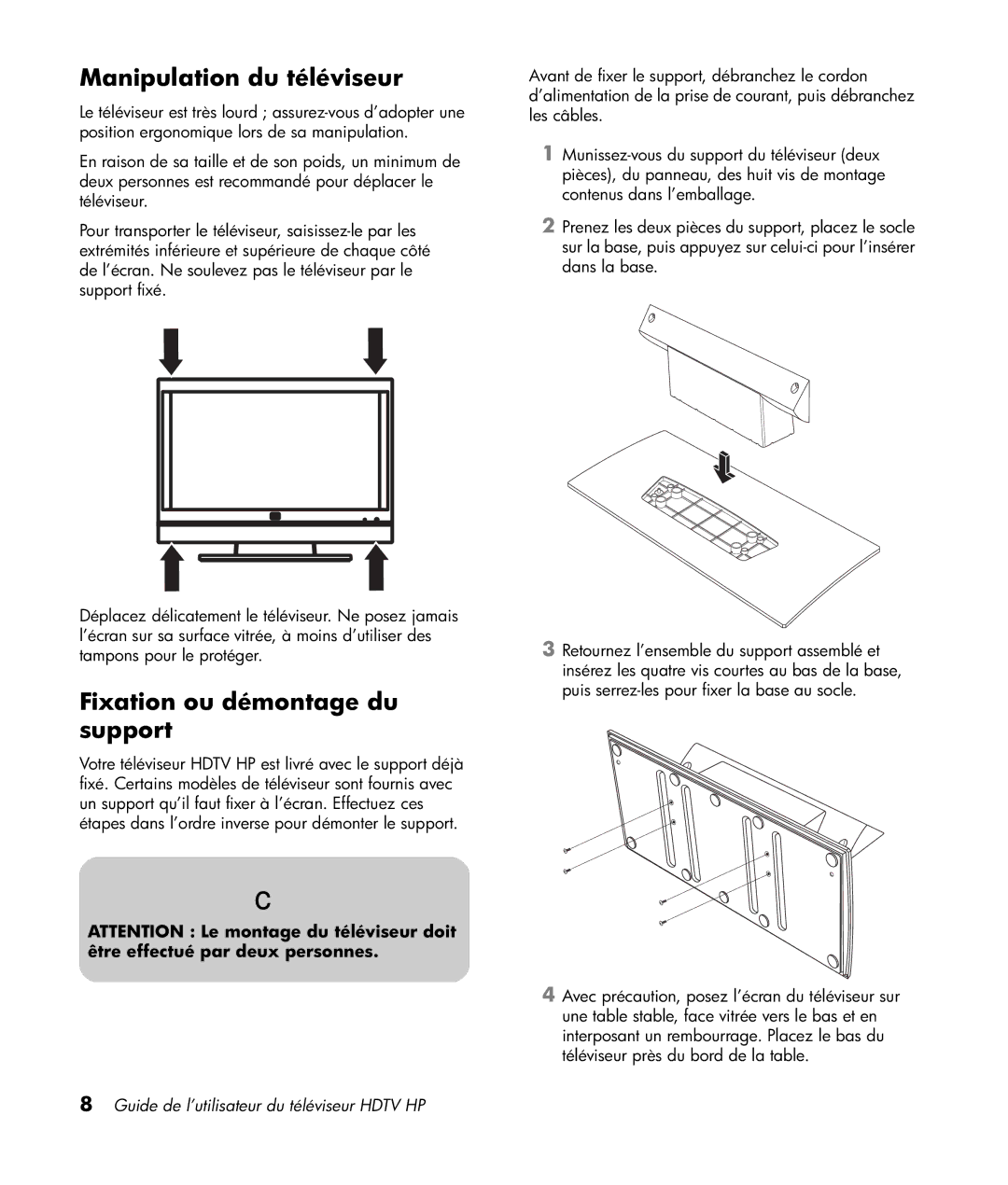 HP LT3200 32 inch Professional manual Manipulation du téléviseur, Fixation ou démontage du support 