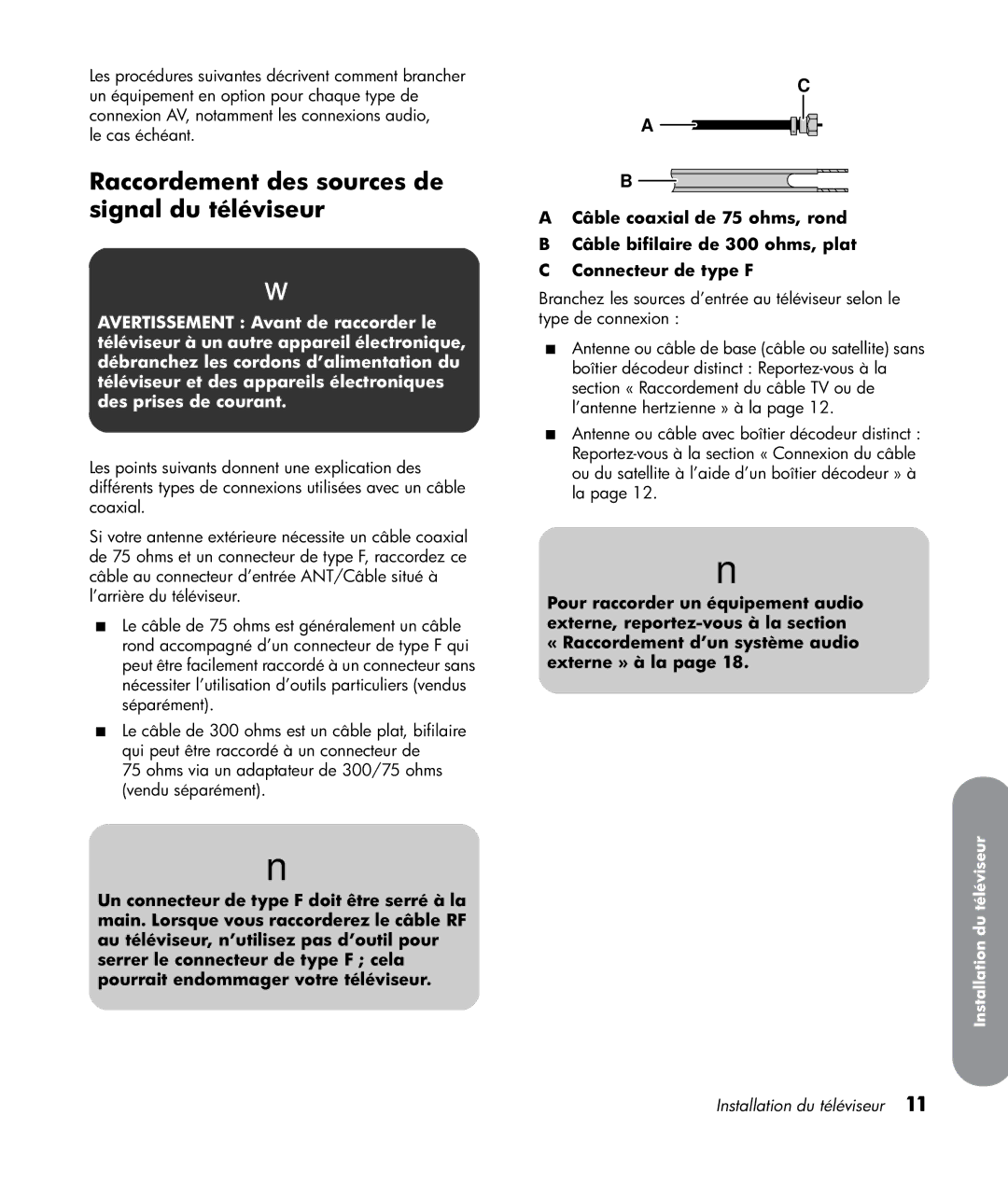 HP LT3200 32 inch Professional manual Raccordement des sources de signal du téléviseur 