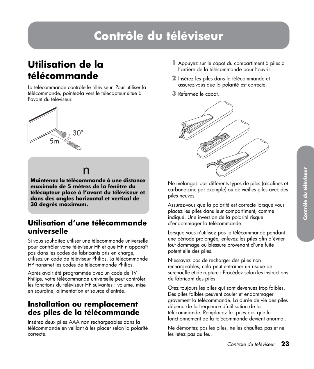 HP LT3200 32 inch Professional manual Contrôle du téléviseur, Utilisation de la télécommande 