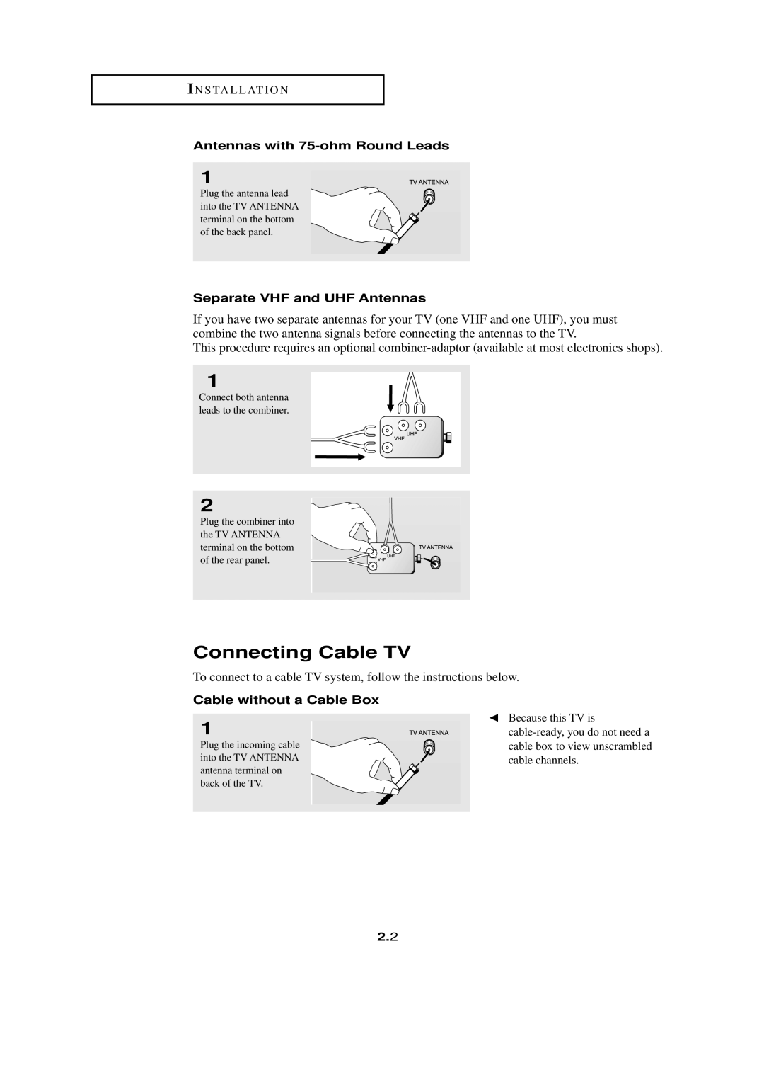 HP LTN1765 Connecting Cable TV, Antennas with 75-ohm Round Leads, Separate VHF and UHF Antennas, Cable without a Cable Box 