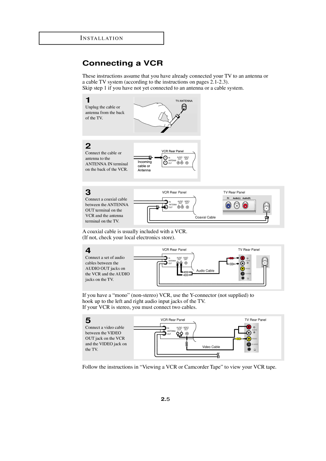 HP LTN1765 manual Connecting a VCR, Unplug the cable or antenna from the back of the TV 