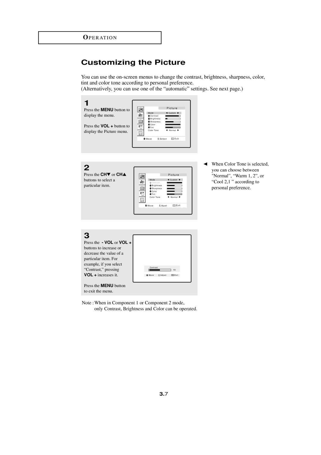 HP LTN1765 Customizing the Picture, Press the Menu button to display the menu, Press the CH or CH, Buttons to select a 