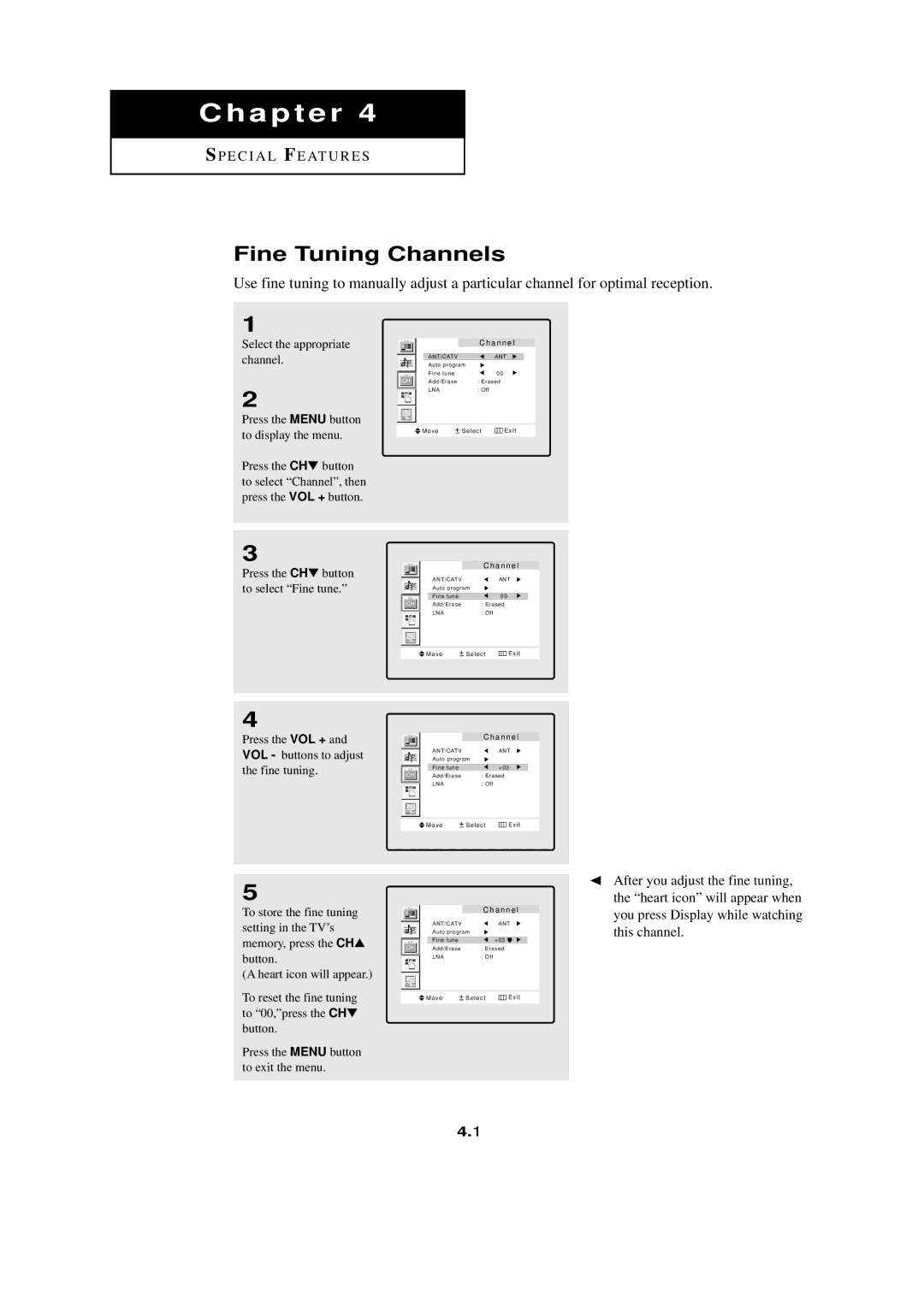 HP LTN1765 Fine Tuning Channels, Select the appropriate channel, Press the VOL + and VOL buttons to adjust the fine tuning 