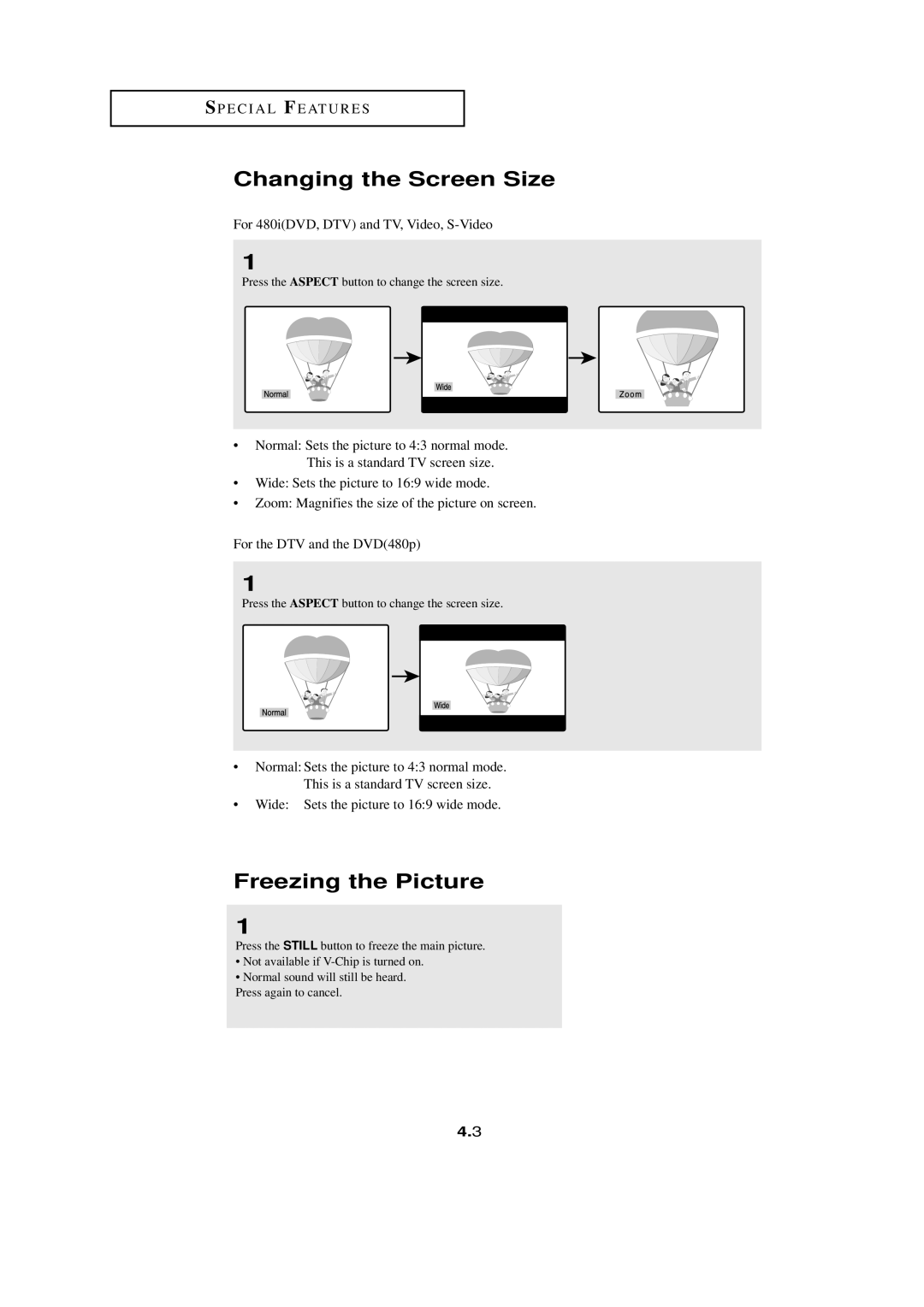 HP LTN1765 manual Changing the Screen Size, Freezing the Picture, Press the Aspect button to change the screen size 