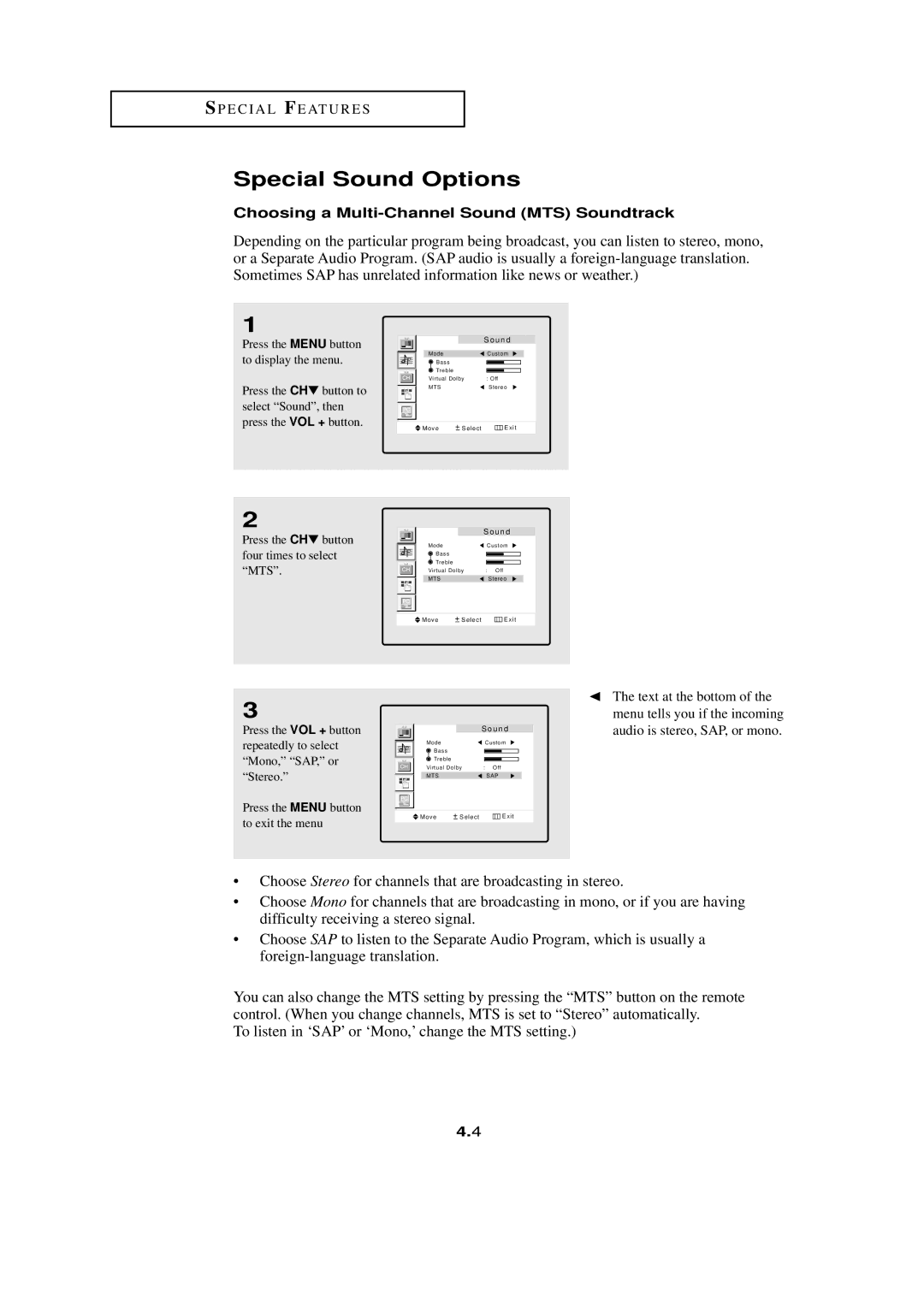 HP LTN1765 manual Special Sound Options, Choosing a Multi-Channel Sound MTS Soundtrack 