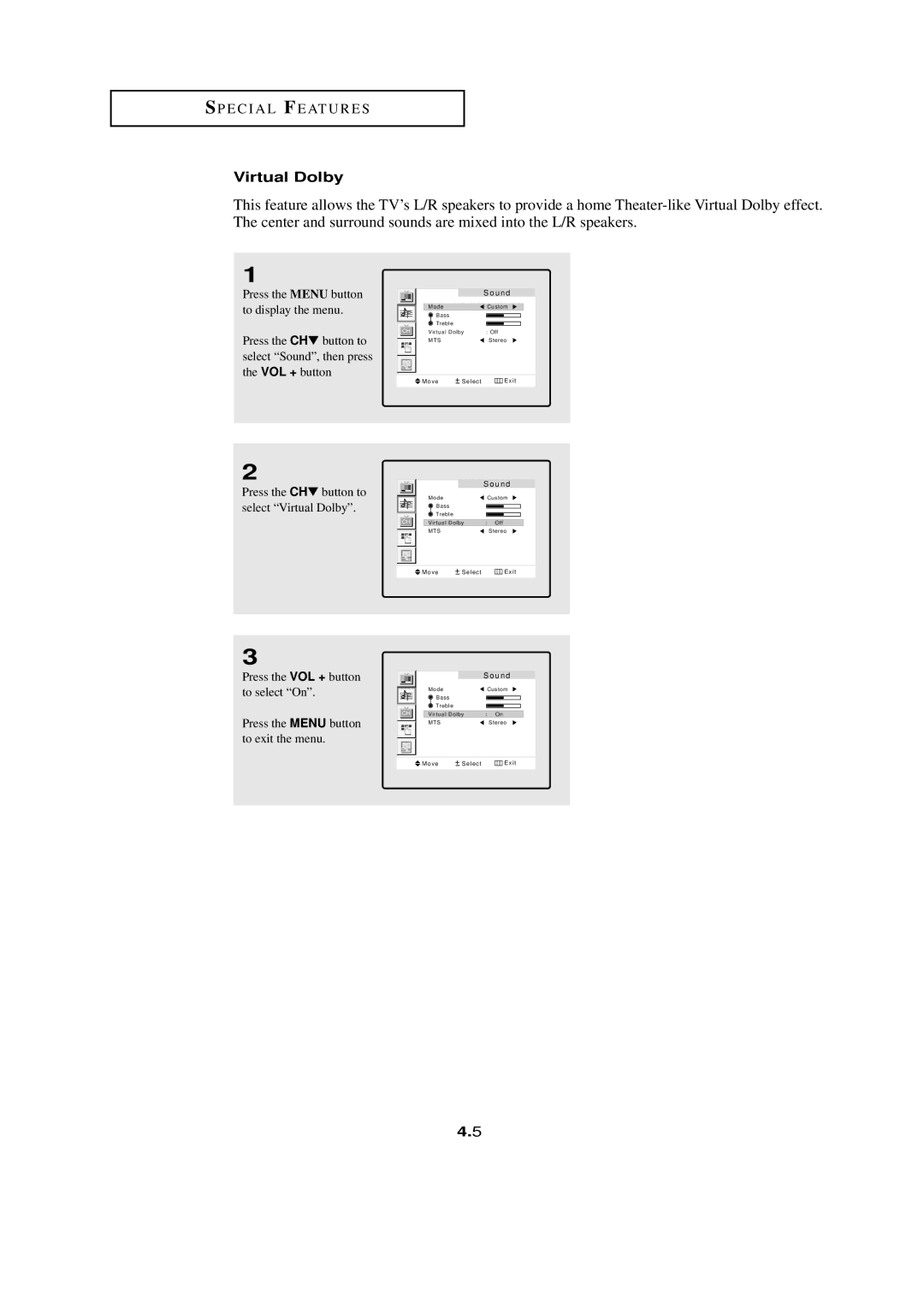 HP LTN1765 manual Virtual Dolby, Press the VOL + button to select On 