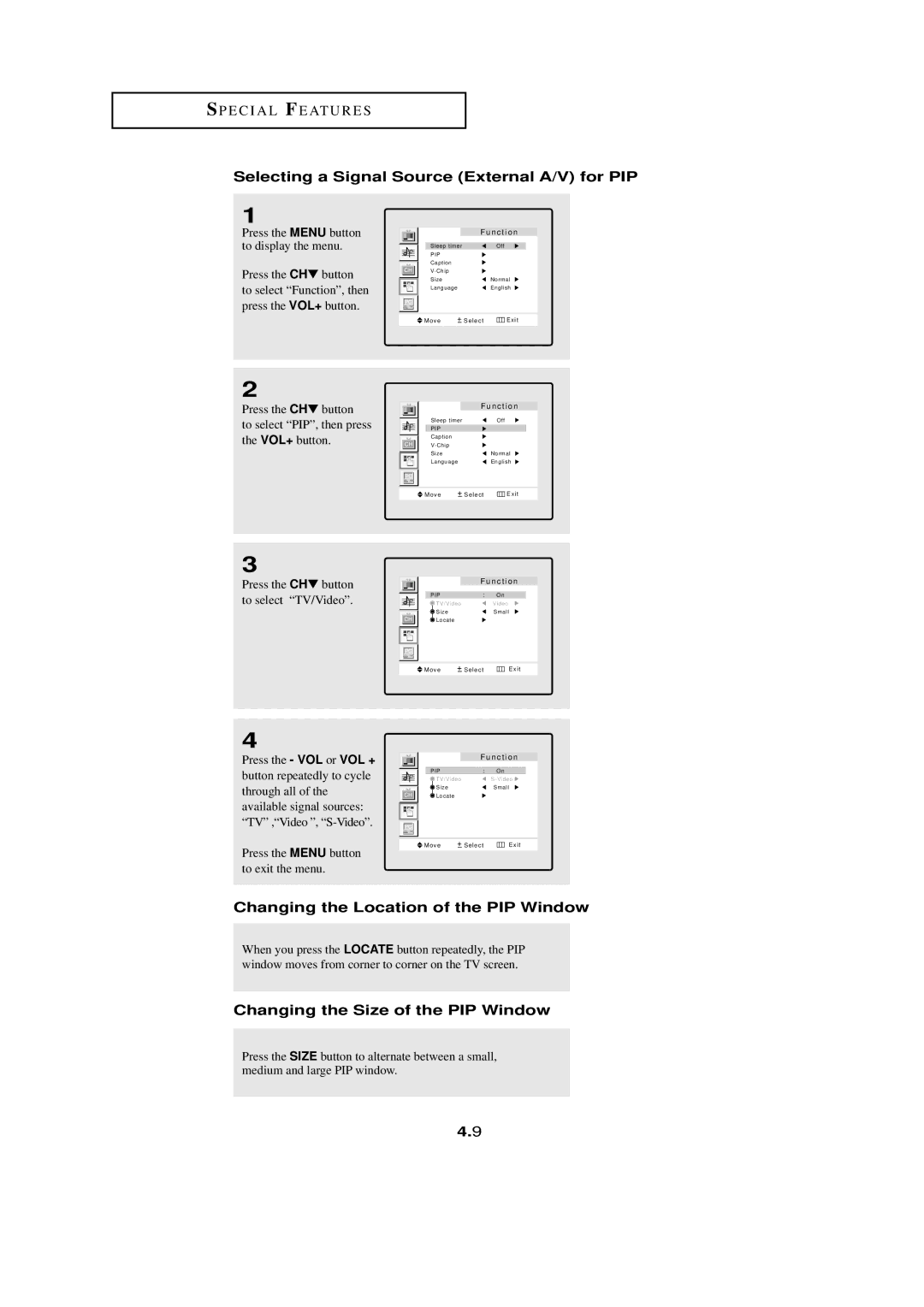 HP LTN1765 manual Selecting a Signal Source External A/V for PIP, Changing the Location of the PIP Window 