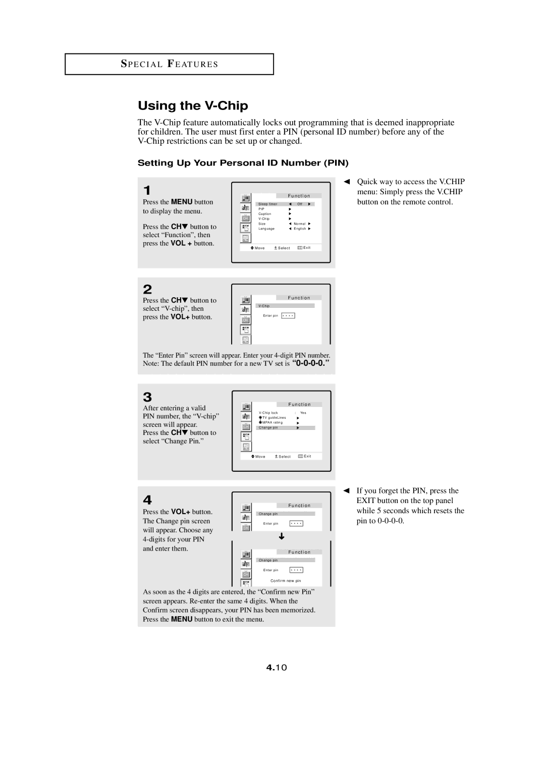 HP LTN1765 manual Using the V-Chip, Setting Up Your Personal ID Number PIN, Select V-chip, then, Press the VOL+ button 