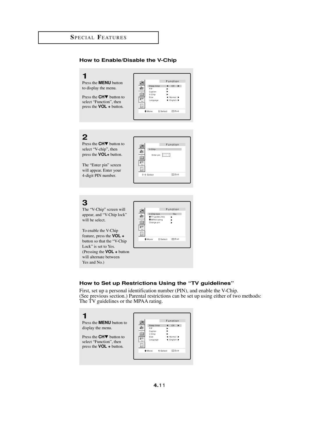 HP LTN1765 manual How to Enable/Disable the V-Chip, How to Set up Restrictions Using the TV guidelines 