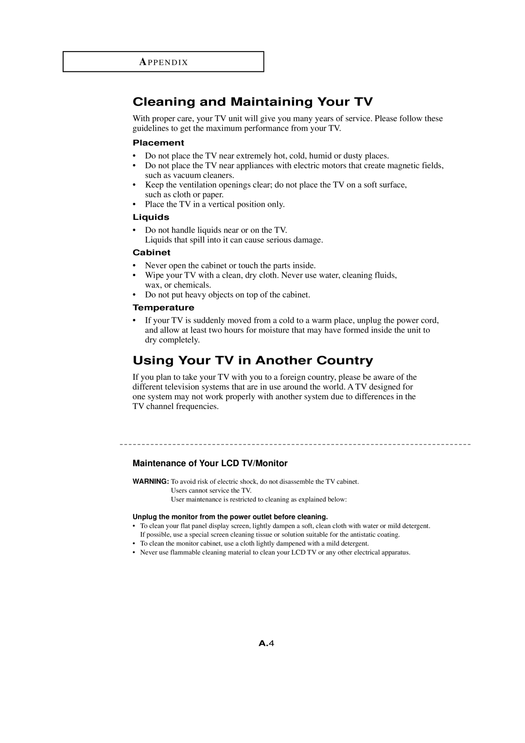 HP LTN1765 manual Cleaning and Maintaining Your TV, Using Your TV in Another Country 