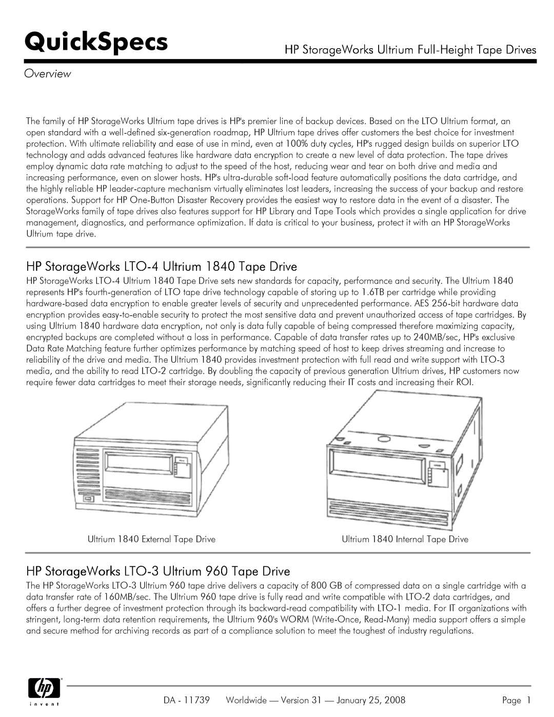 HP LTO-4 1840 manual QuickSpecs, Overview 