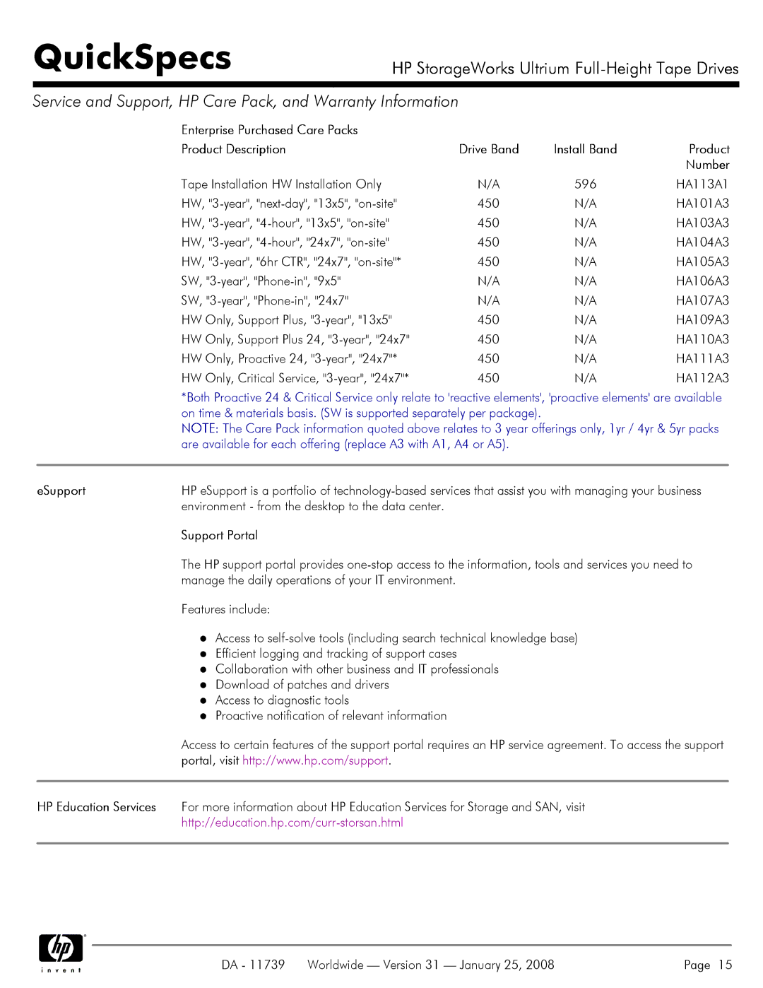 HP LTO-4 1840 manual Enterprise Purchased Care Packs Product Description, ESupport, Support Portal 