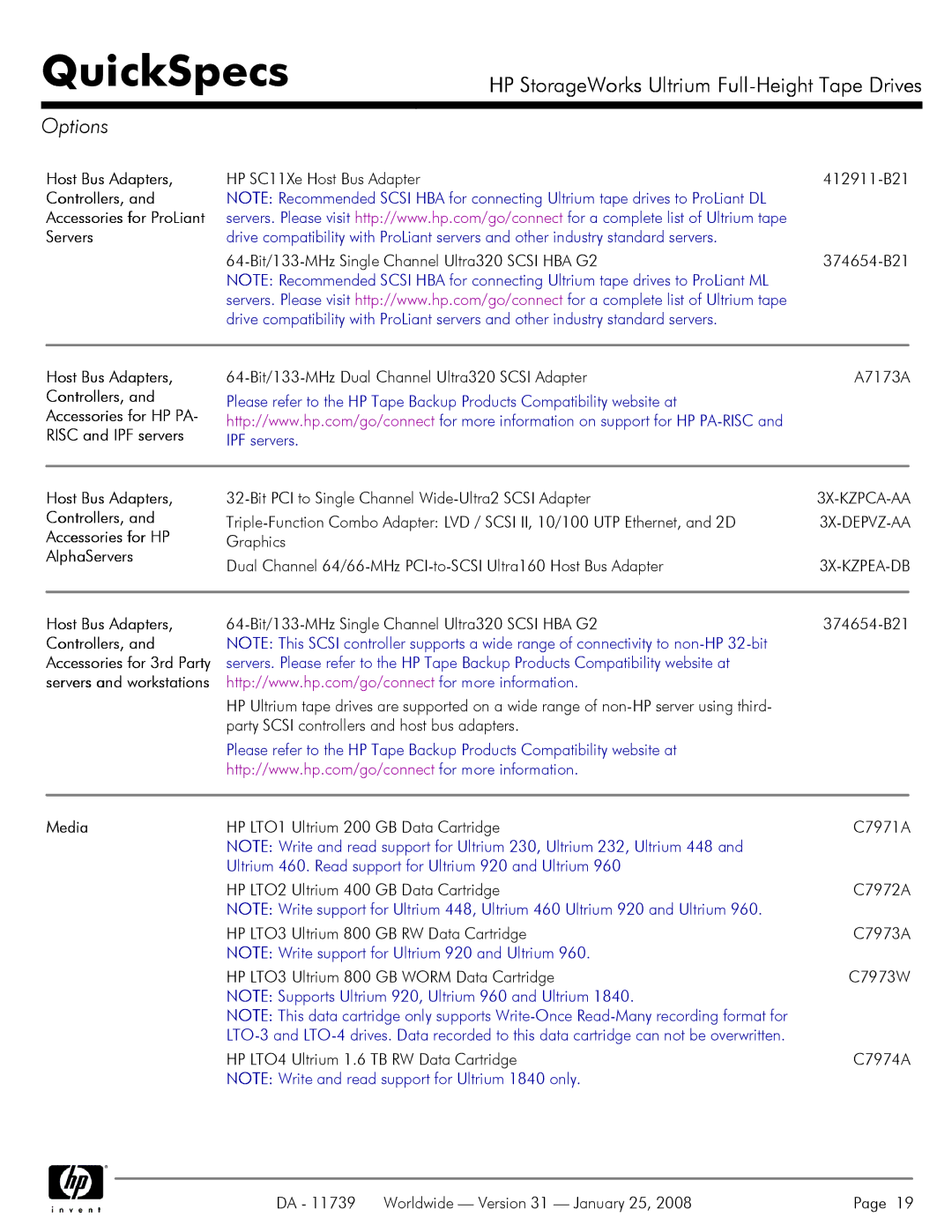 HP LTO-4 1840 manual Options, Host Bus Adapters, Controllers, Accessories for HP, AlphaServers 