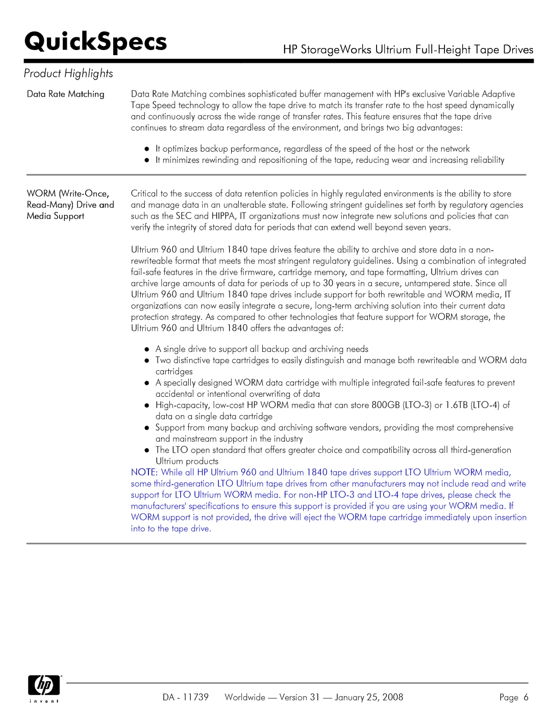 HP LTO-4 1840 manual QuickSpecs 