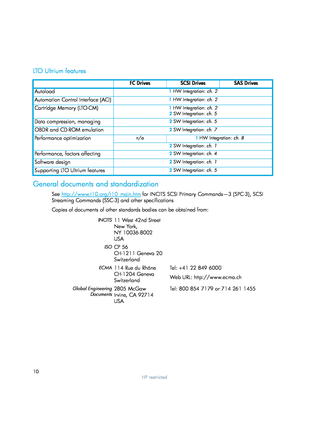HP LTO 4 SCSI, LTO 4 FC, LTO 4 SAS manual General documents and standardization, LTO Ultrium features 