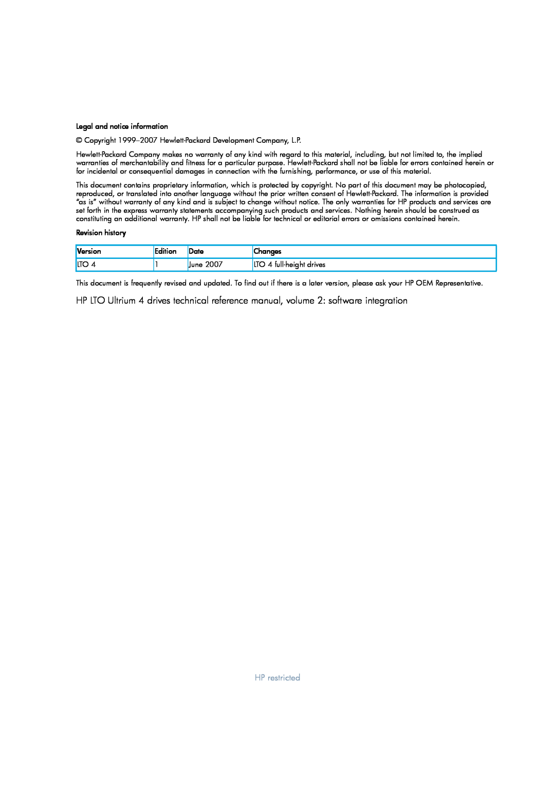 HP LTO 4 SAS, LTO 4 FC, LTO 4 SCSI manual HP restricted, Legal and notice information 