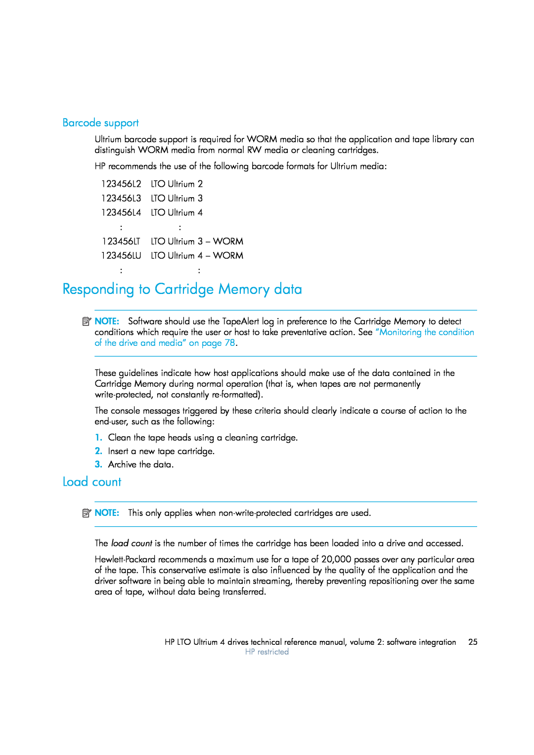 HP LTO 4 SCSI, LTO 4 FC, LTO 4 SAS manual Responding to Cartridge Memory data, Load count, Barcode support 