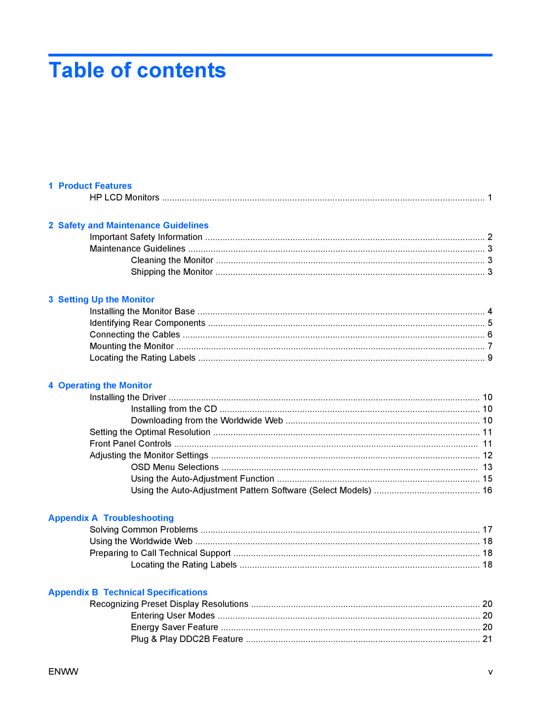 HP CQ1569, LV1561WS, LV1561w manual Table of contents 