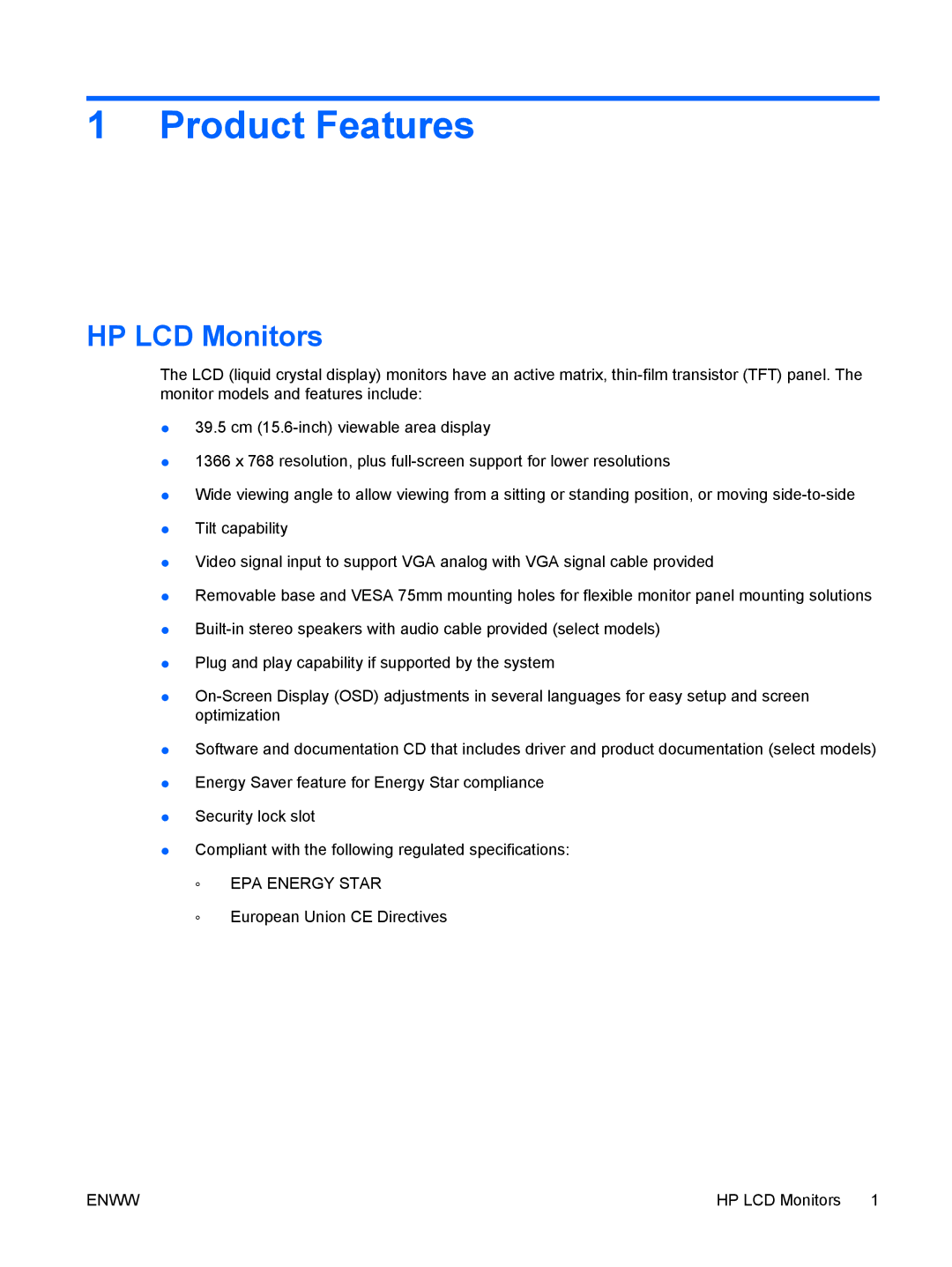 HP LV1561w, LV1561WS, CQ1569 manual Product Features, HP LCD Monitors 