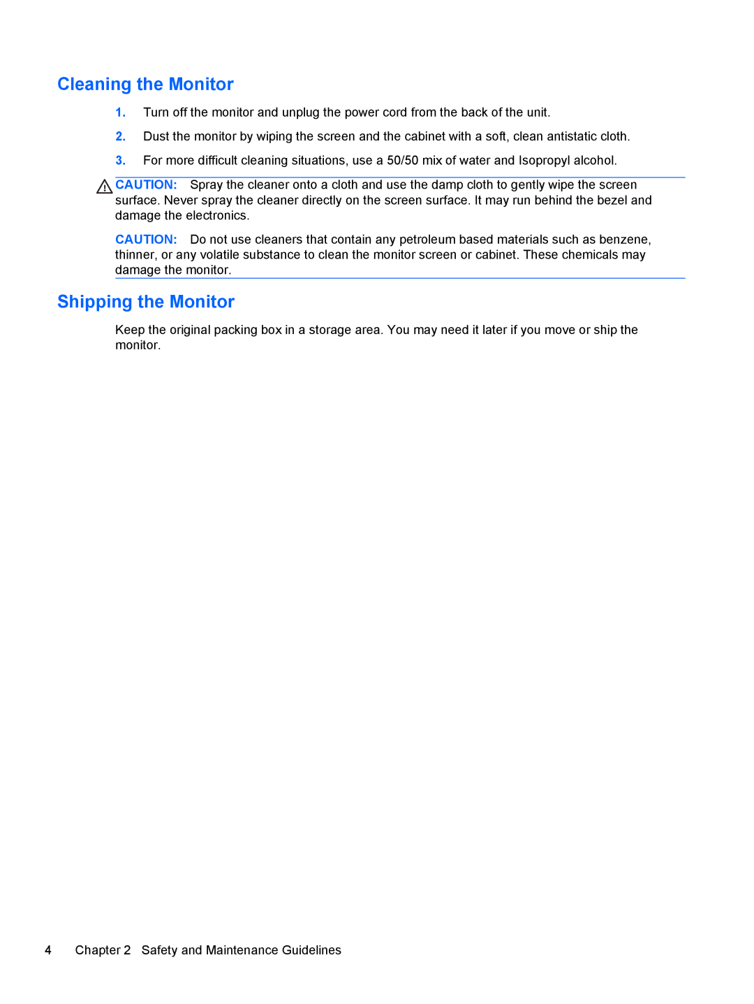 HP LV1561X, CQ1569X manual Cleaning the Monitor, Shipping the Monitor 