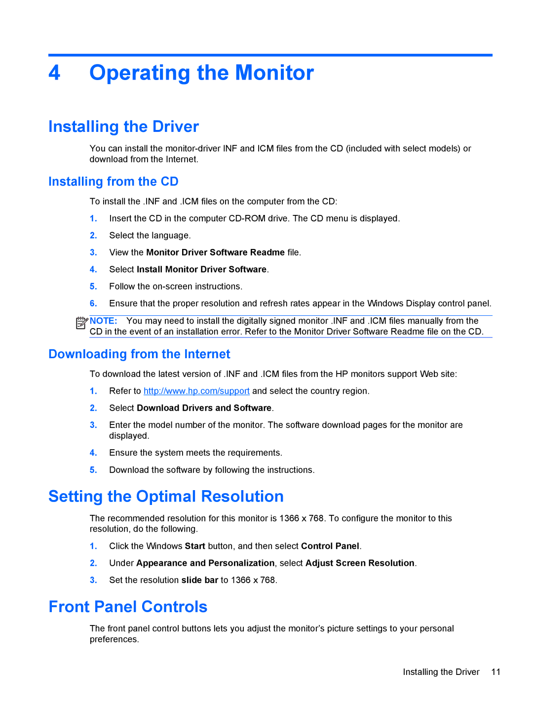 HP CQ1569X, LV1561X Operating the Monitor, Installing the Driver, Setting the Optimal Resolution, Front Panel Controls 