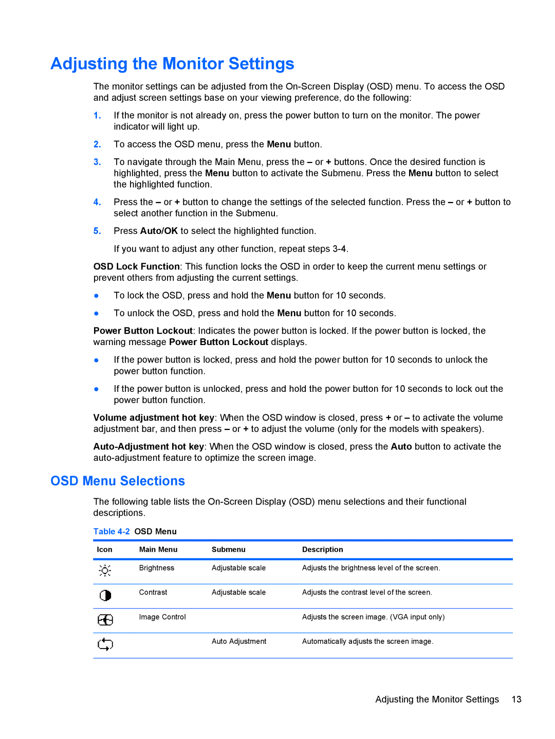 HP CQ1569X, LV1561X manual Adjusting the Monitor Settings, OSD Menu Selections 