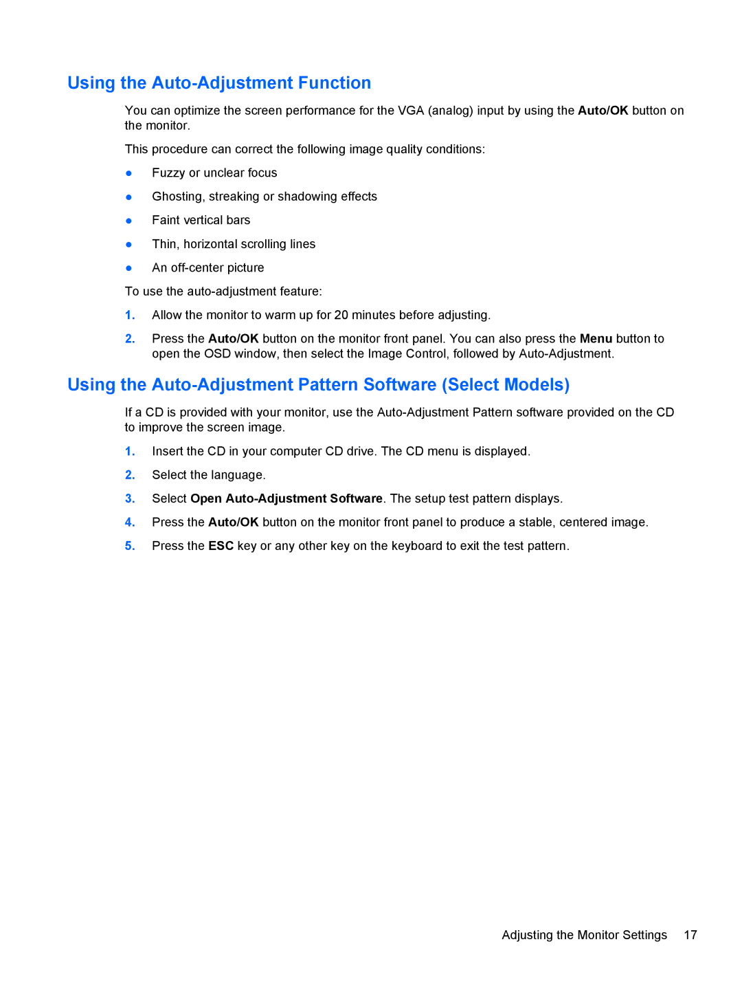 HP CQ1569X, LV1561X manual Using the Auto-Adjustment Function, Using the Auto-Adjustment Pattern Software Select Models 