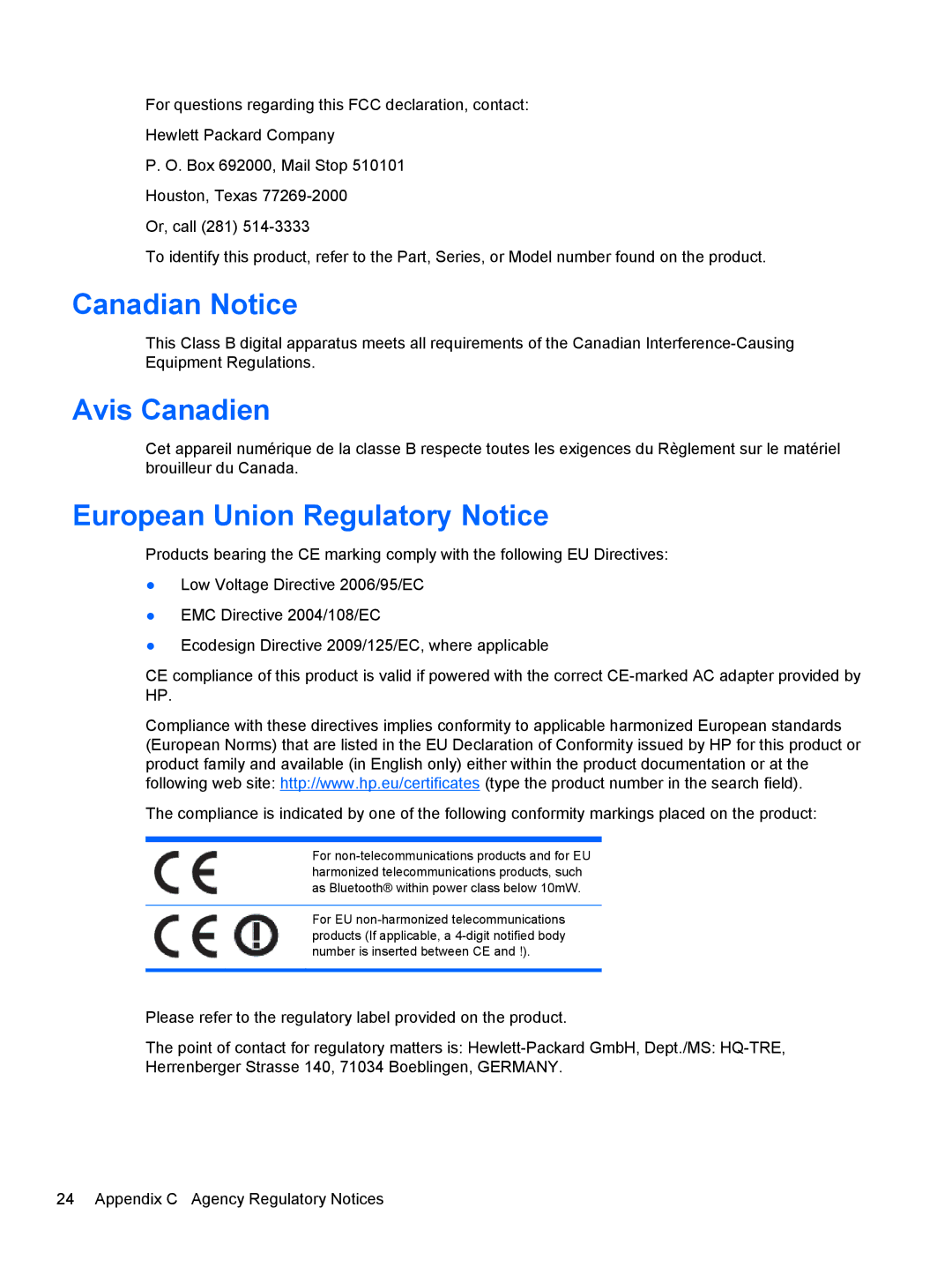 HP LV1561X, CQ1569X manual Canadian Notice, Avis Canadien, European Union Regulatory Notice 