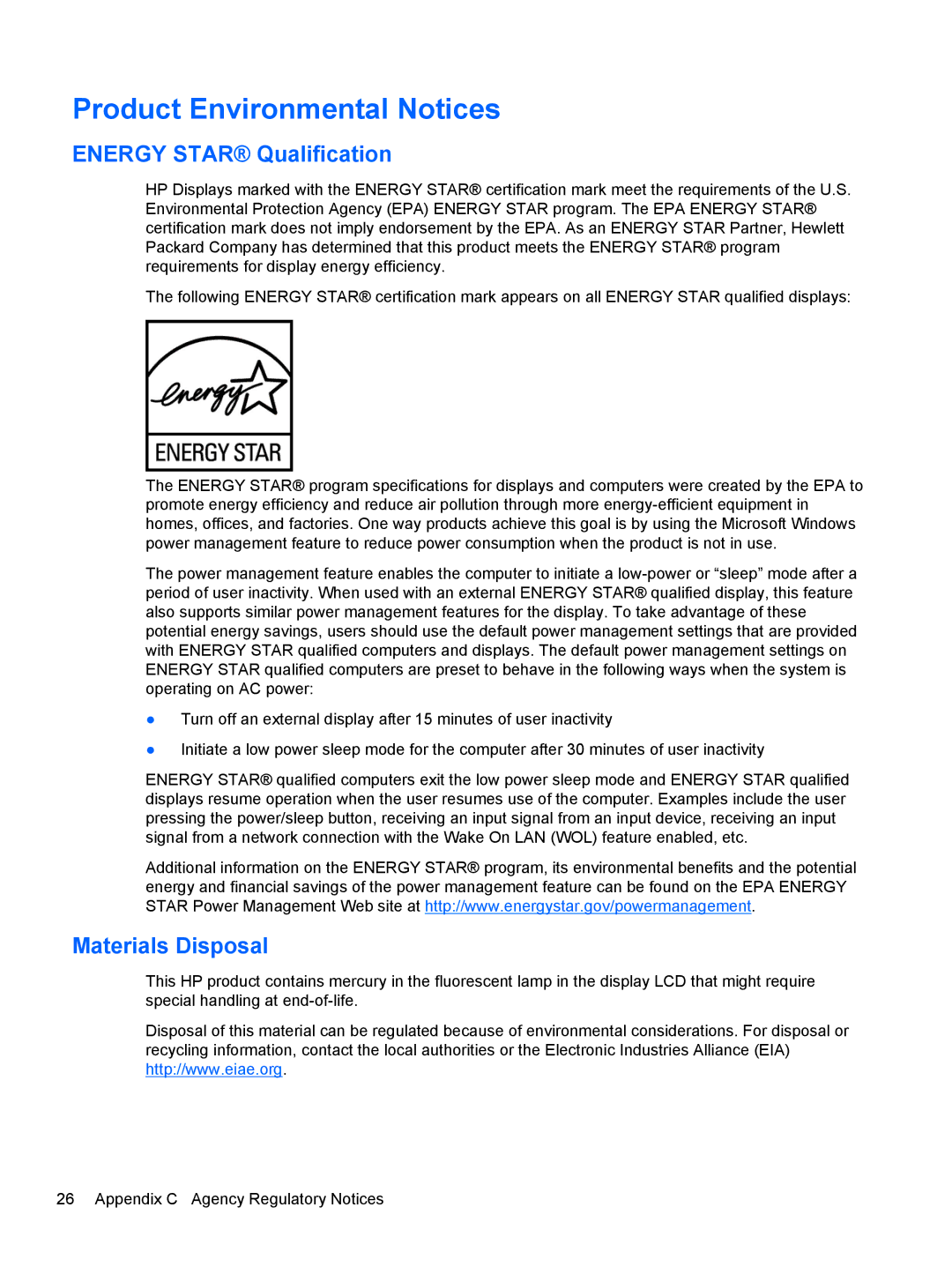 HP LV1561X, CQ1569X manual Product Environmental Notices, Energy Star Qualification, Materials Disposal 